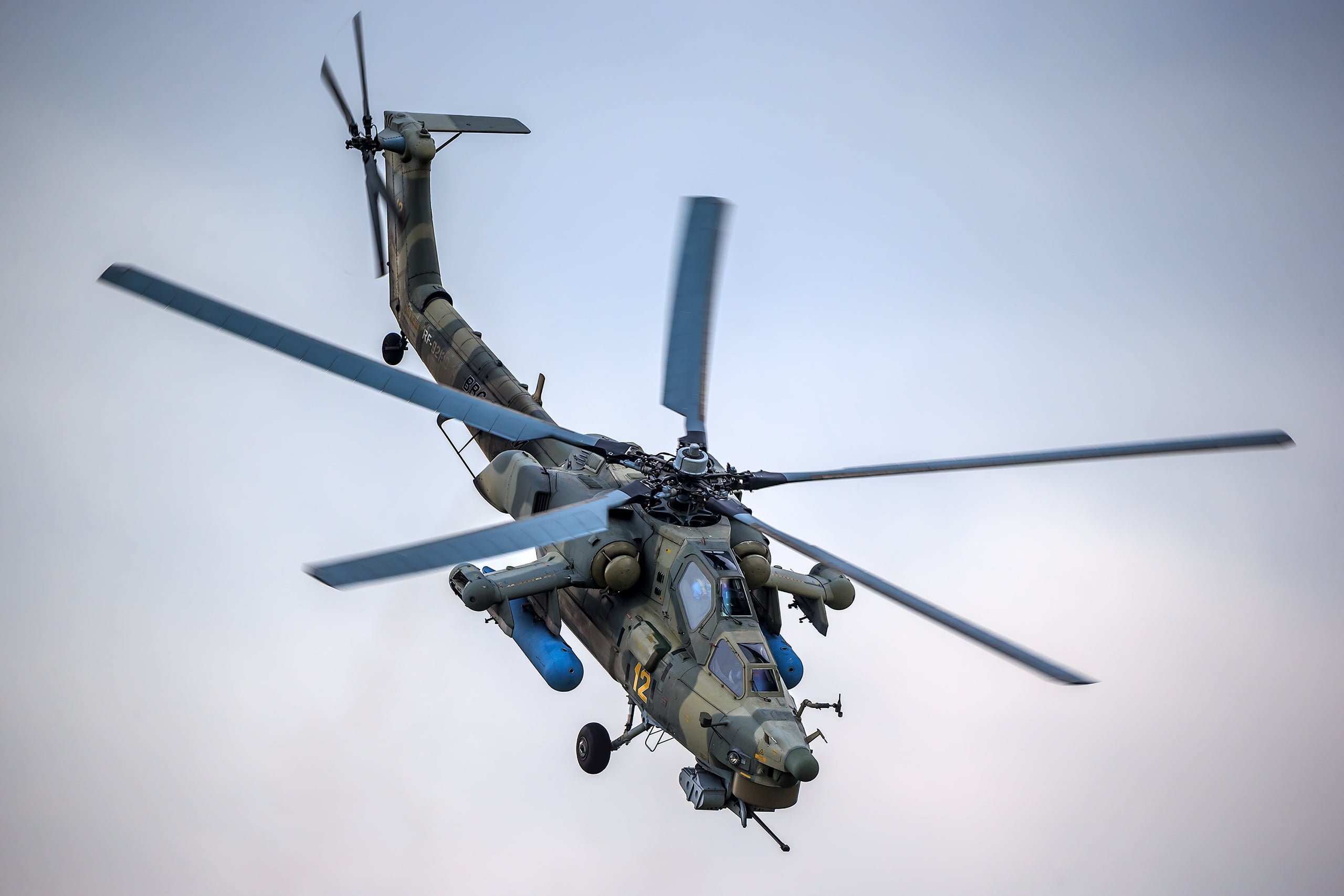 Mi-28N, low angle view, helicopter, transportation, 2K, on the move, military, aggression, shock, no people, " Night Hunter", plane, mid-air, sky, day, HD Wallpaper