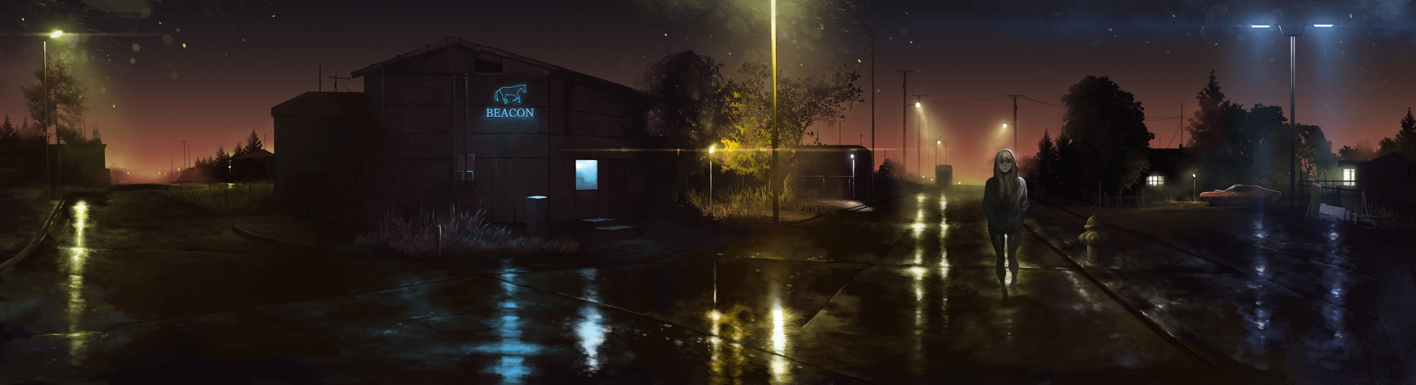 dark, multiple display, anime girls, lights, 2K, night, anime, HD Wallpaper