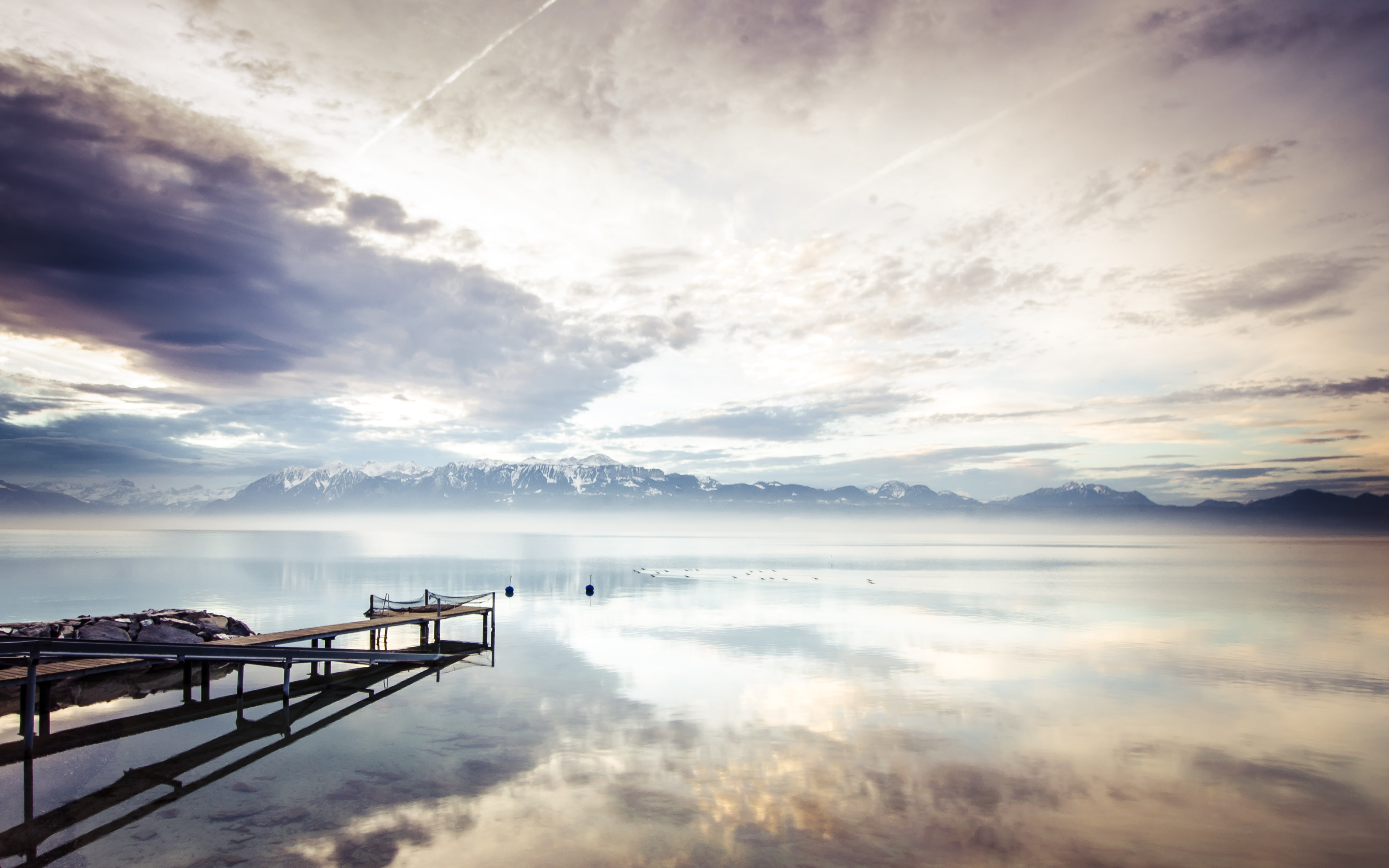 switzerland, pier, lake, photography, scenics - nature, outdoors, sunrise, fog, 4K, lausanneswitzerland, sky, mist, beauty in nature, nature, tranquility, HD Wallpaper