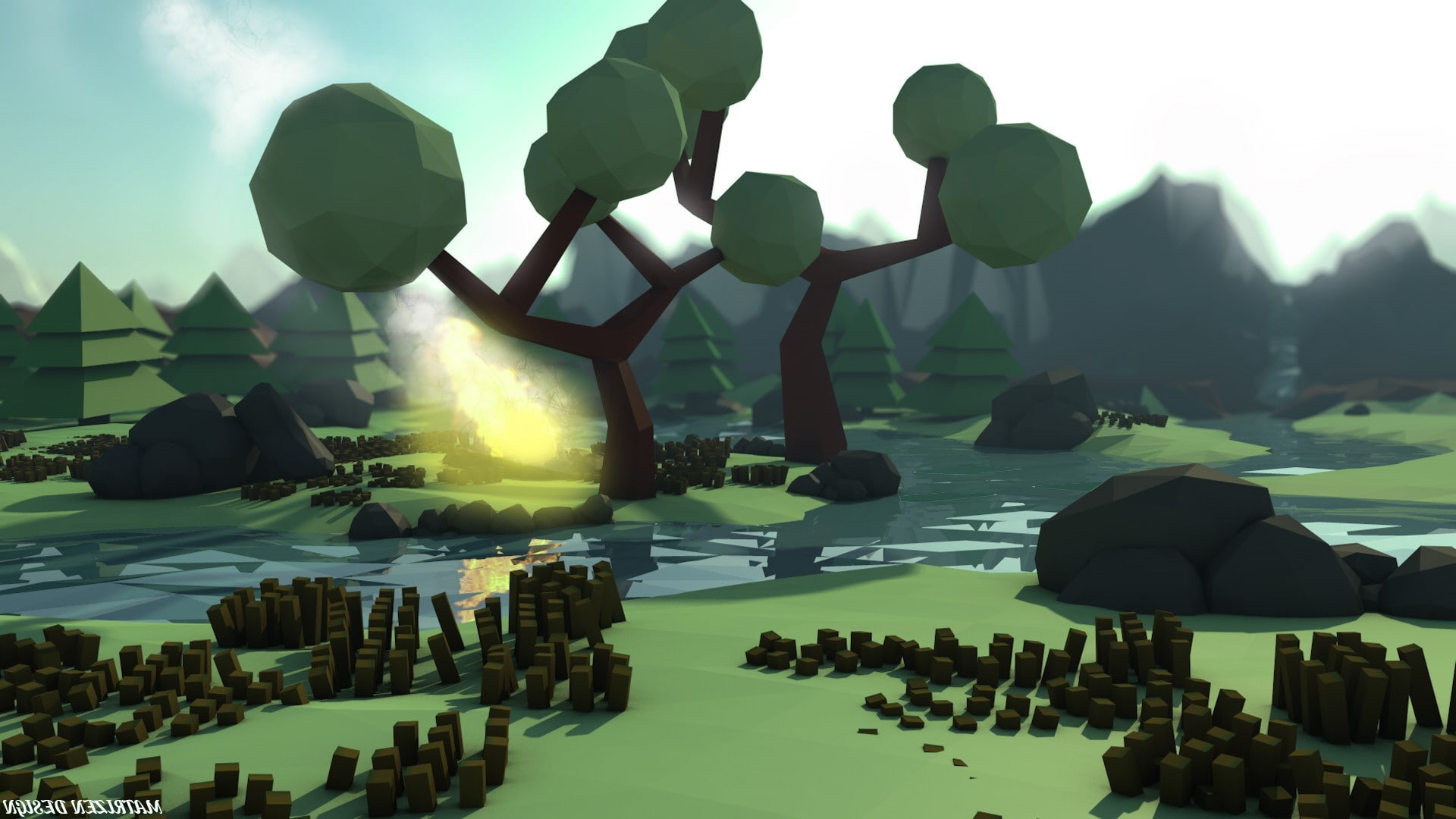 Matrizendesign, arts culture and entertainment, 1080P, mountain, digital art, sunlight, Trees, creativity, Low Poly, water, representation, plants, real people, HD Wallpaper