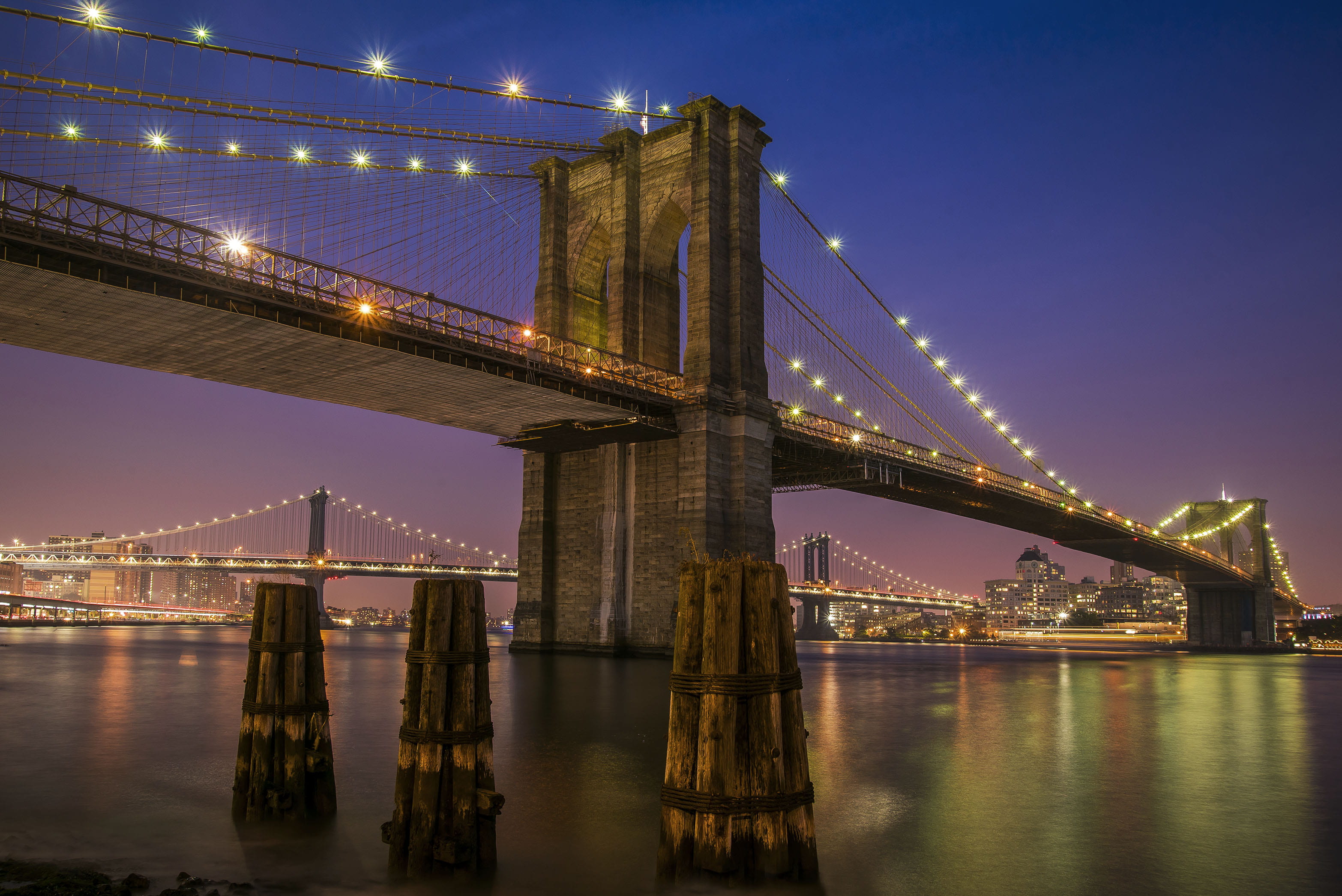 bridge, york, building exterior, east river, usa, cityscape, city, built structure, architectural column, outdoors, time, evening, 2K, steel, lights, light, HD Wallpaper