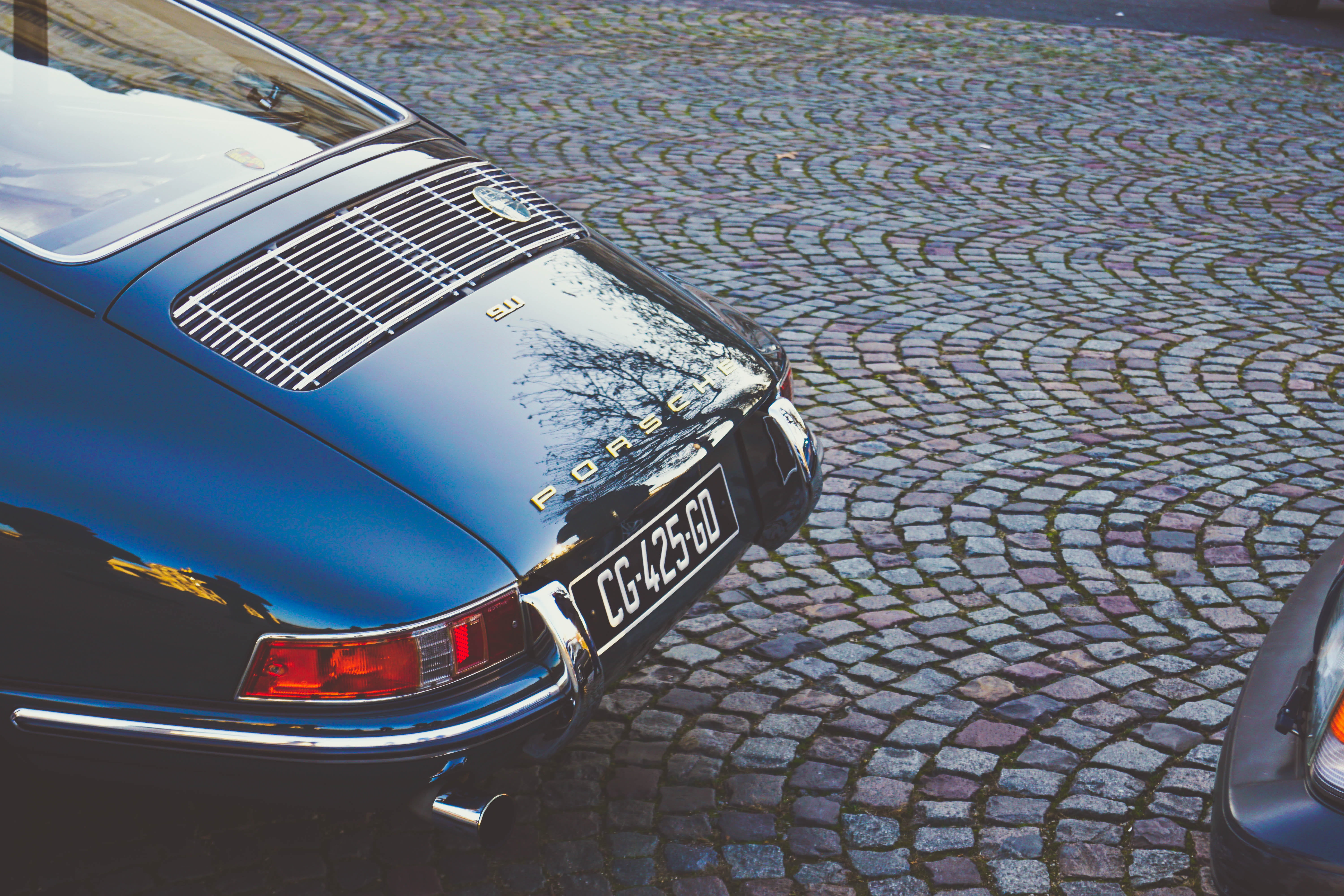 car, plate number, blue, metal, footpath, lights, text, sidewalk, bricks, near, retro styled, park, porsche, city, vehicle, land vehicle, motor vehicle, HD Wallpaper