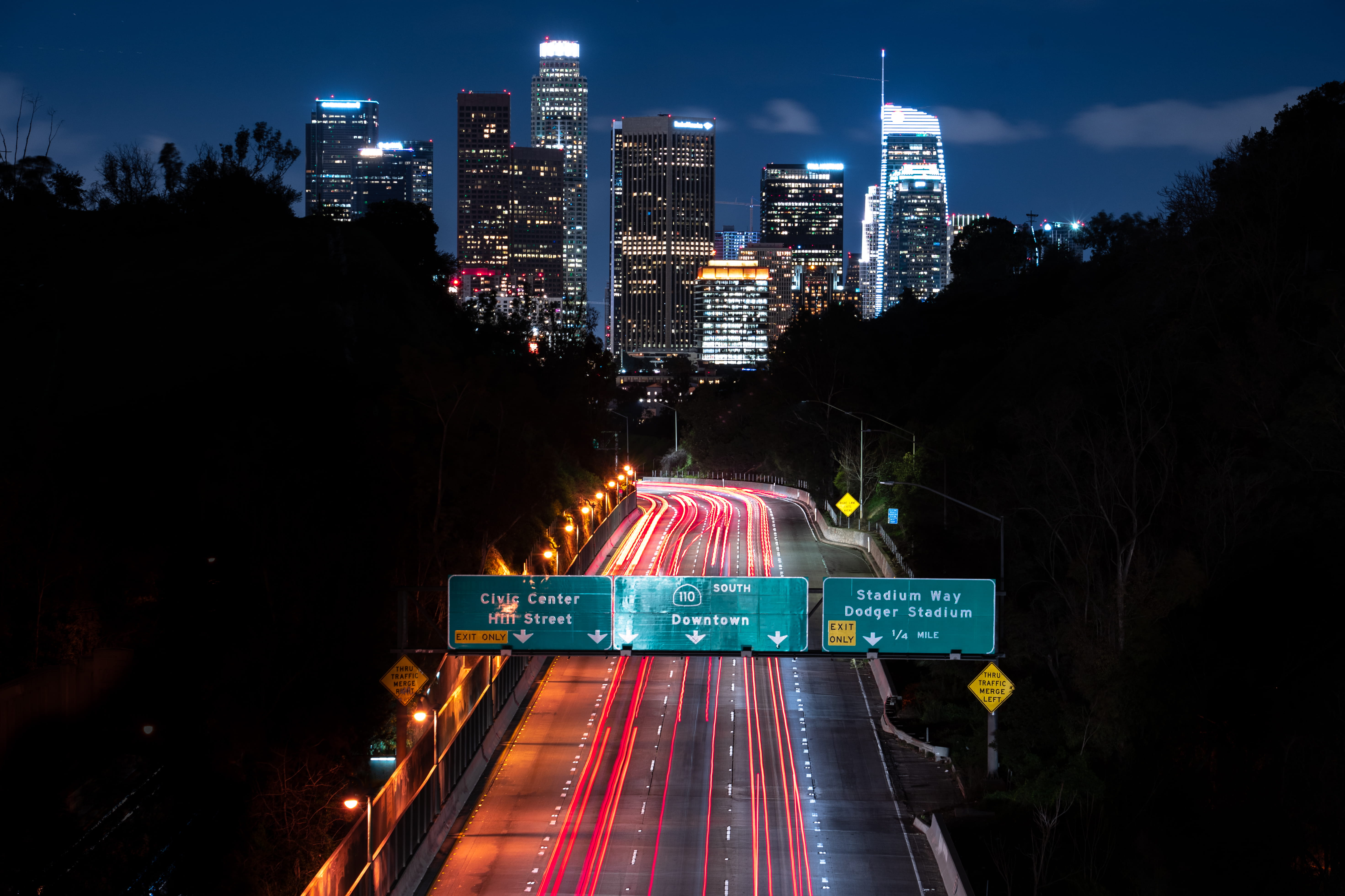 los angeles, office building exterior, city life, skyscraper, outdoors, road, financial district, motion, sky, 5K, modern, car lights, cars, downtown la, HD Wallpaper