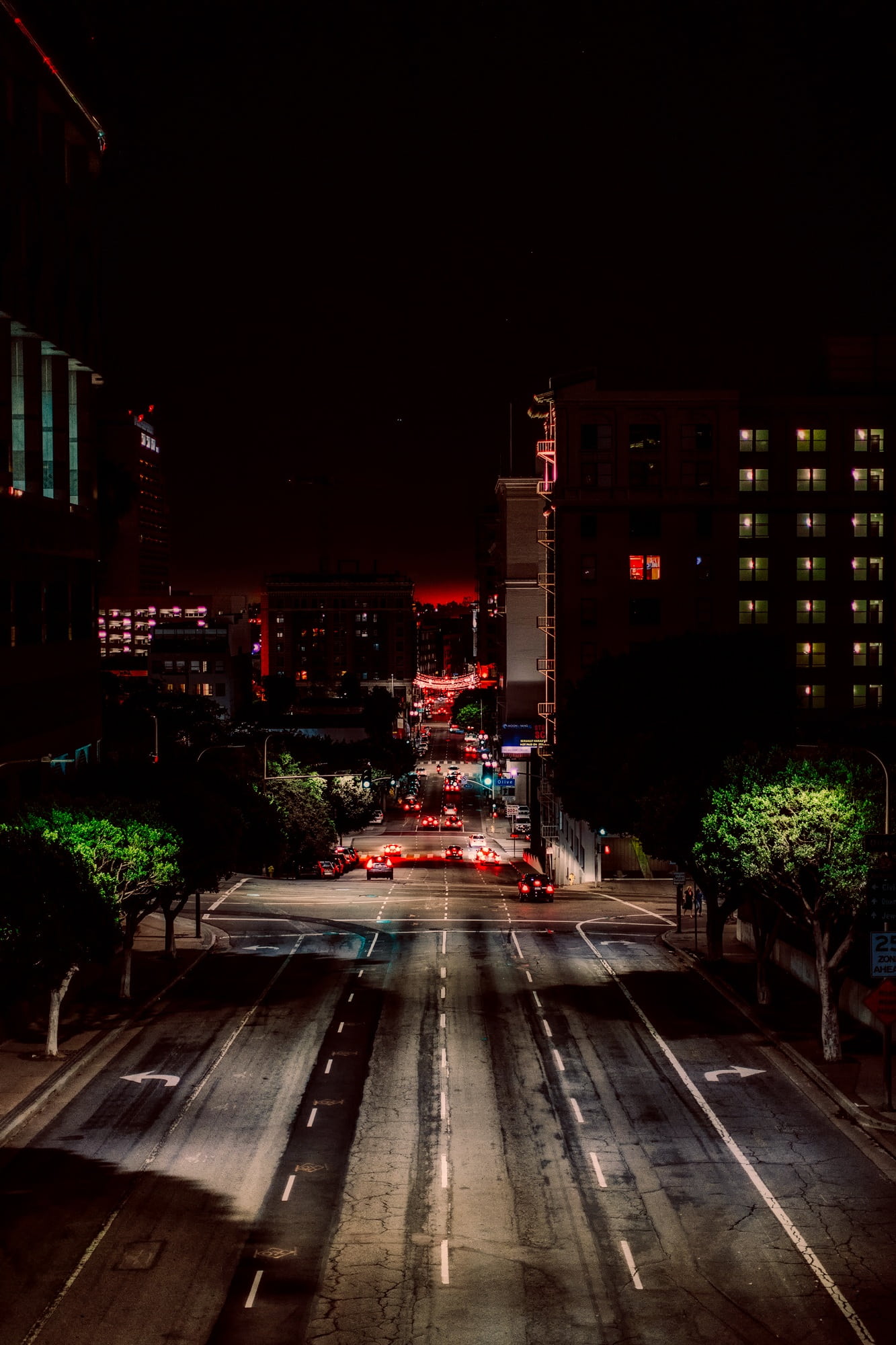 evening, grey, nature, los angeles, built structure, city life, city, glow, street, architecture, lights, asphalt, night, downtown, illuminated, wet, road, Phone HD Wallpaper
