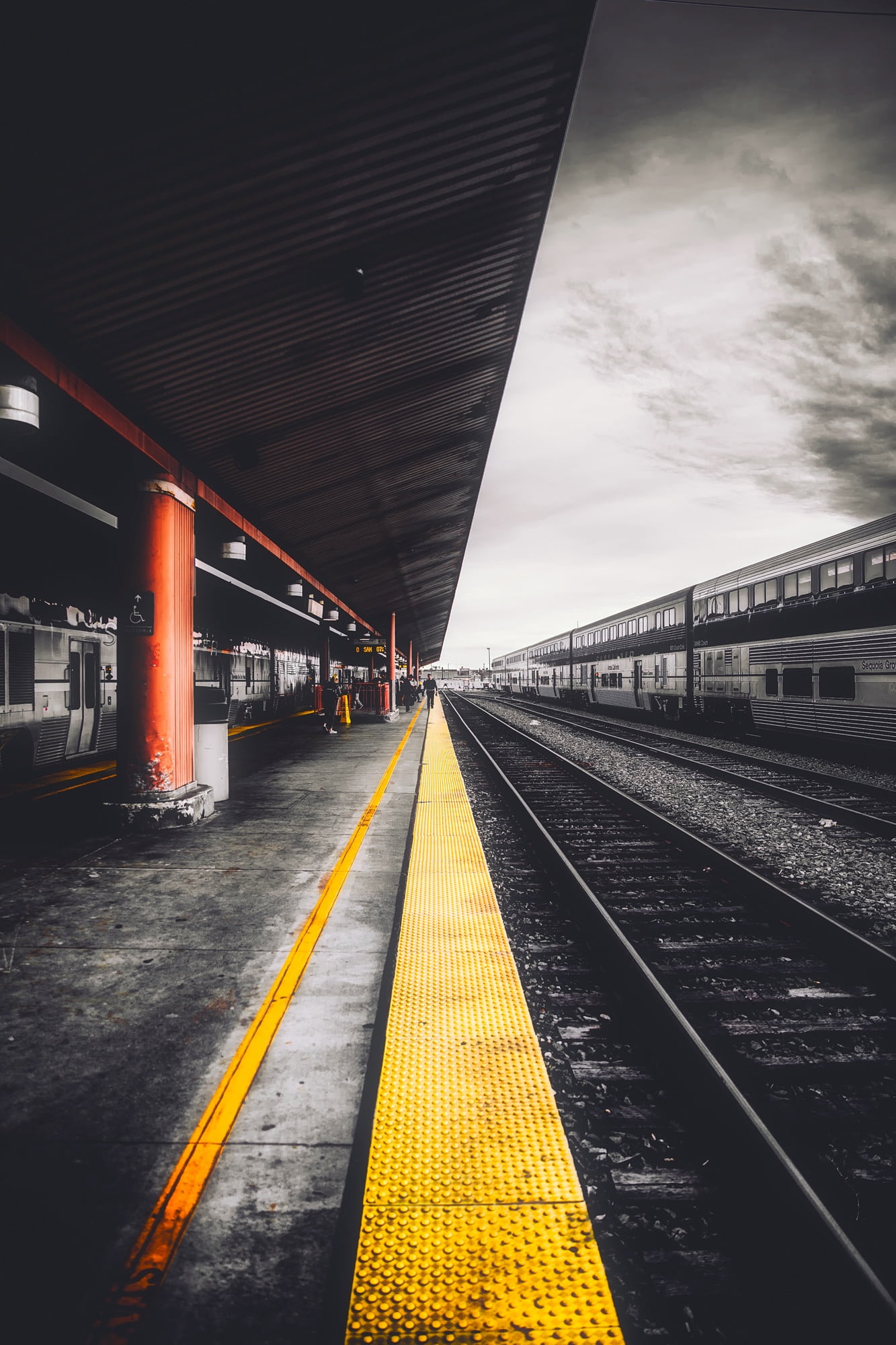 built structure, hdr, railroad station, selective, tracks, architecture, sunset, railroad, rail transportation, photography, train, platform, cloud - sky, Phone HD Wallpaper