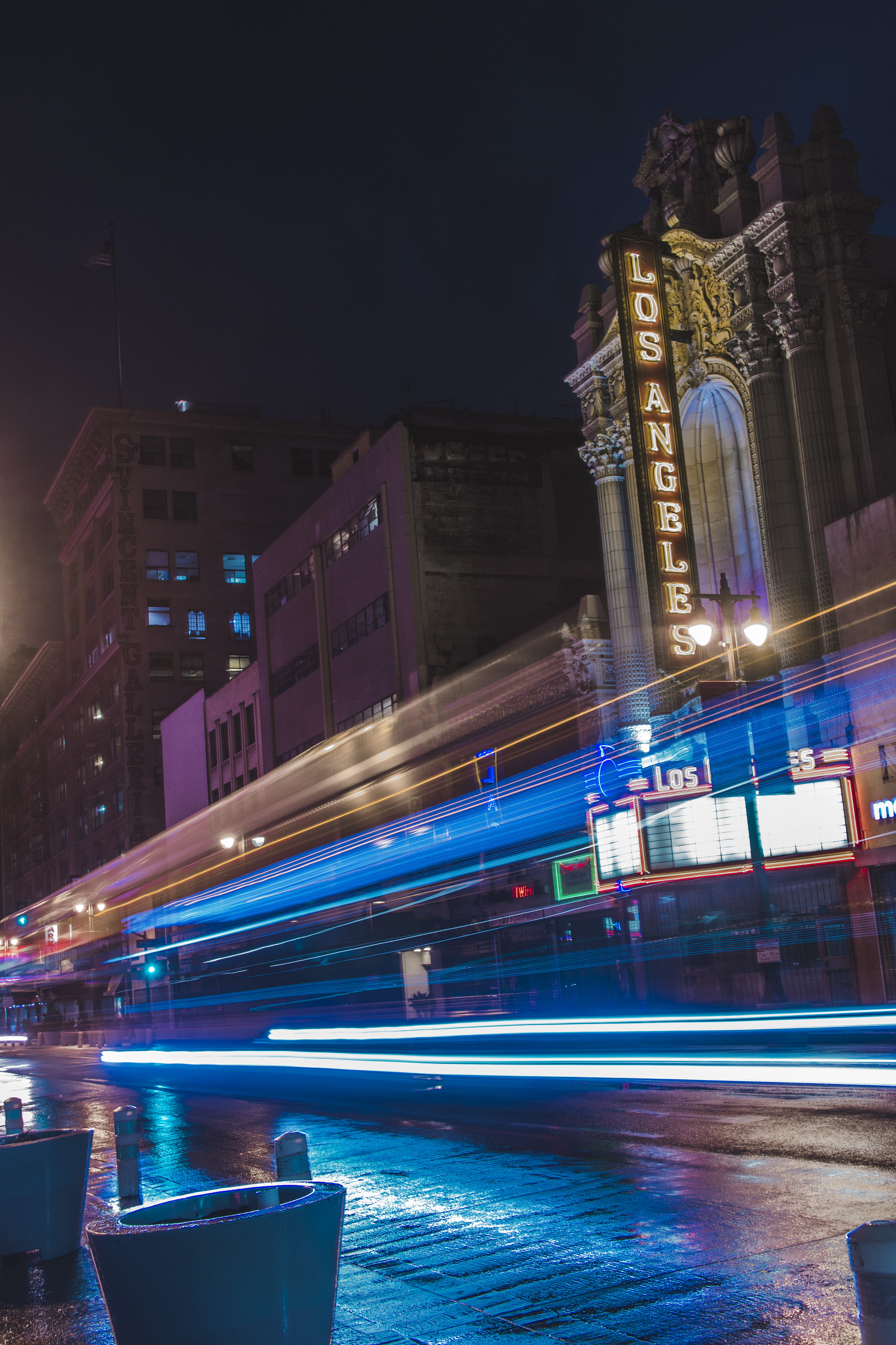 nature, street, bus, city, waterfront, long exposure, night, 5K, building, building exterior, los angeles, light trail, transit, california, downtown la, Phone HD Wallpaper