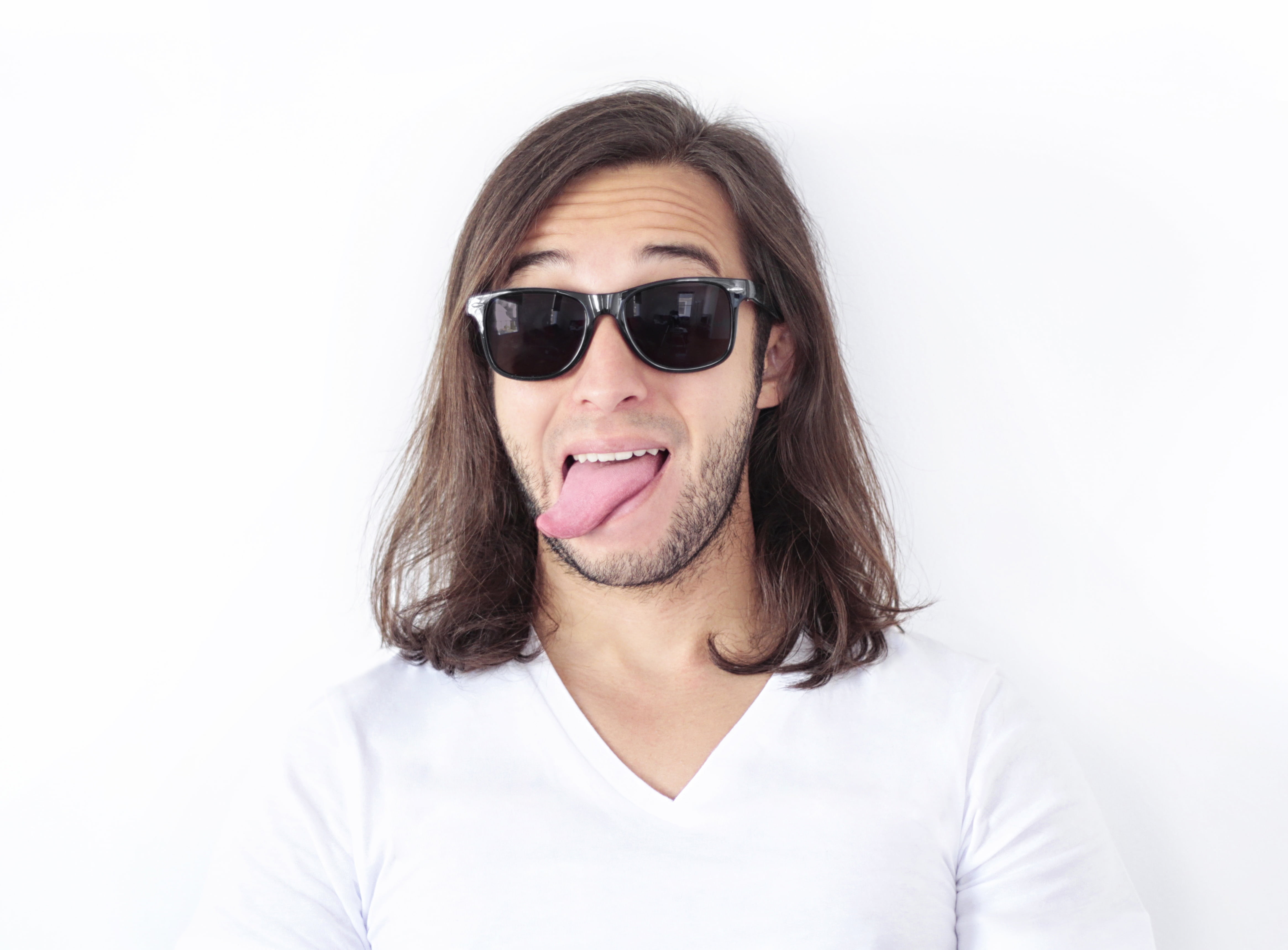 young, sunglasses, beautiful woman, young Adult, portrait, white background, confused, cheerful, mouth open, man, long hair, crazy, male, front view, dude, HD Wallpaper
