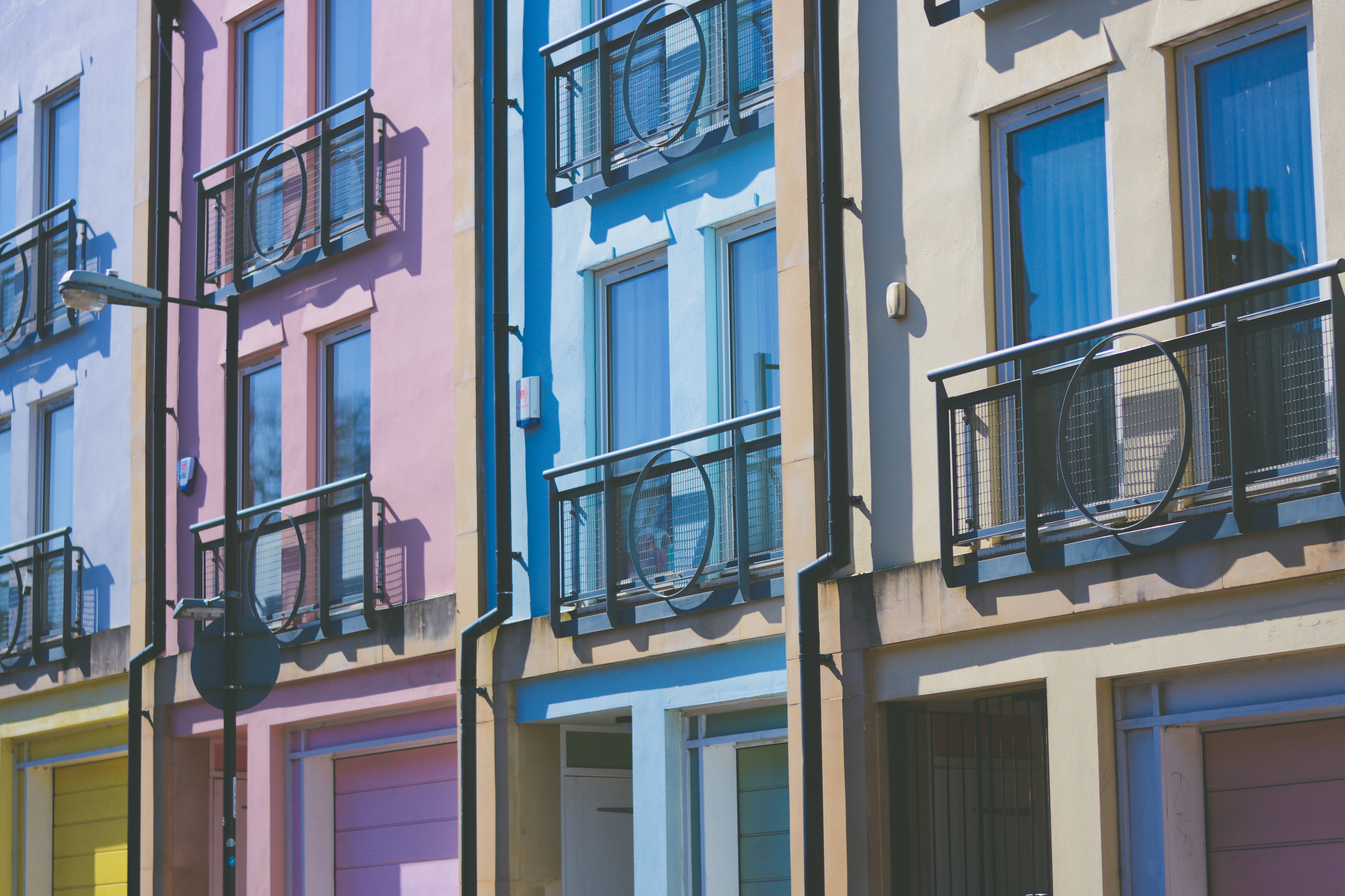houses, colourful, balcony, colorful, row house, reflection, window, windows, house, apartment, building, no people, day, in a row, city, apartments, building exterior, HD Wallpaper