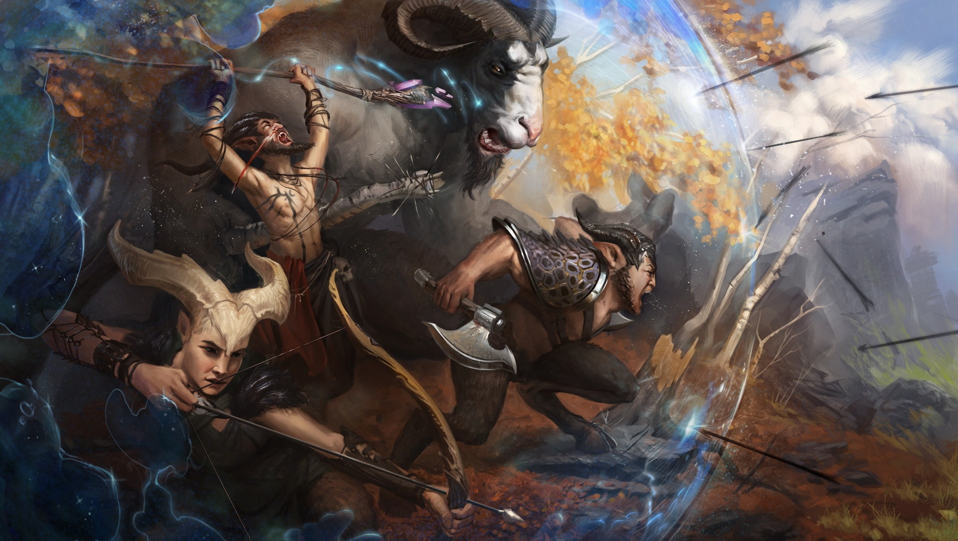 bow, greek mythology, war, architecture, representation, nature, religion, spooky, fire, horns, real people, day, autumn, satyr, creatures, art and craft, HD Wallpaper