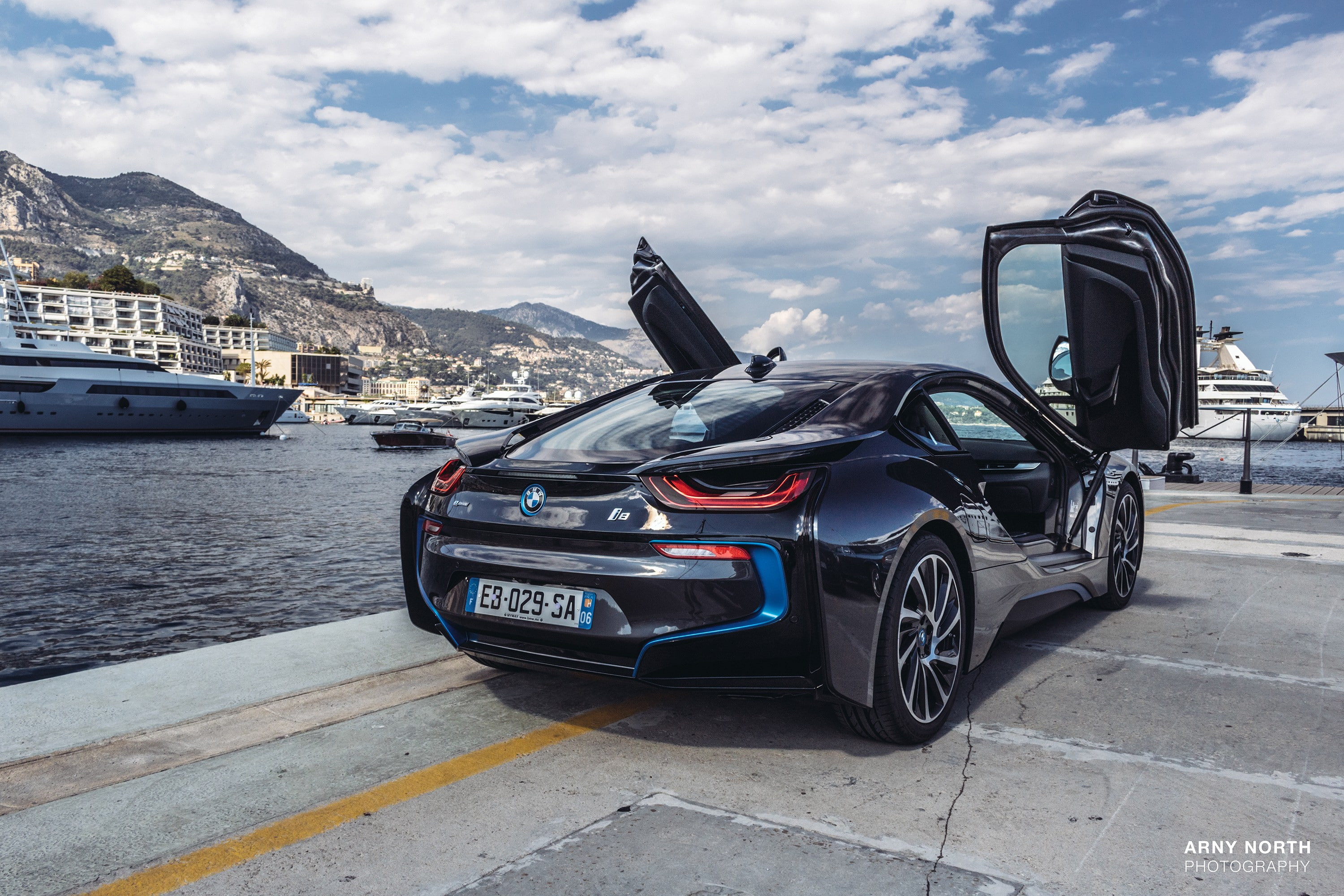 Arny North, sports car, 2K, Black Cars, Monaco, BMW I8, HD Wallpaper