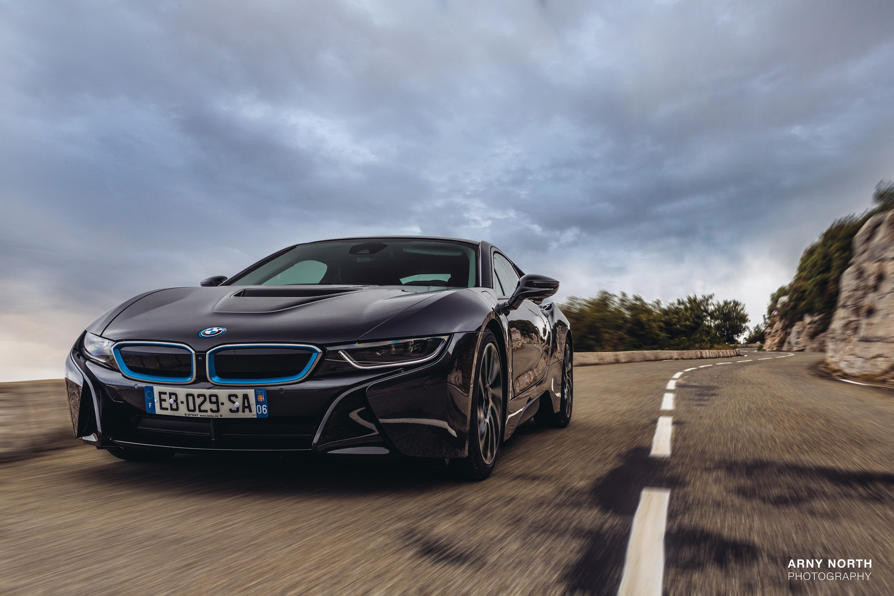 highway, road trip, bmw i8 sports car arny north monaco, road, speed, sports car, sky, day, mode of transportation, transportation, land vehicle, blurred motion, HD Wallpaper