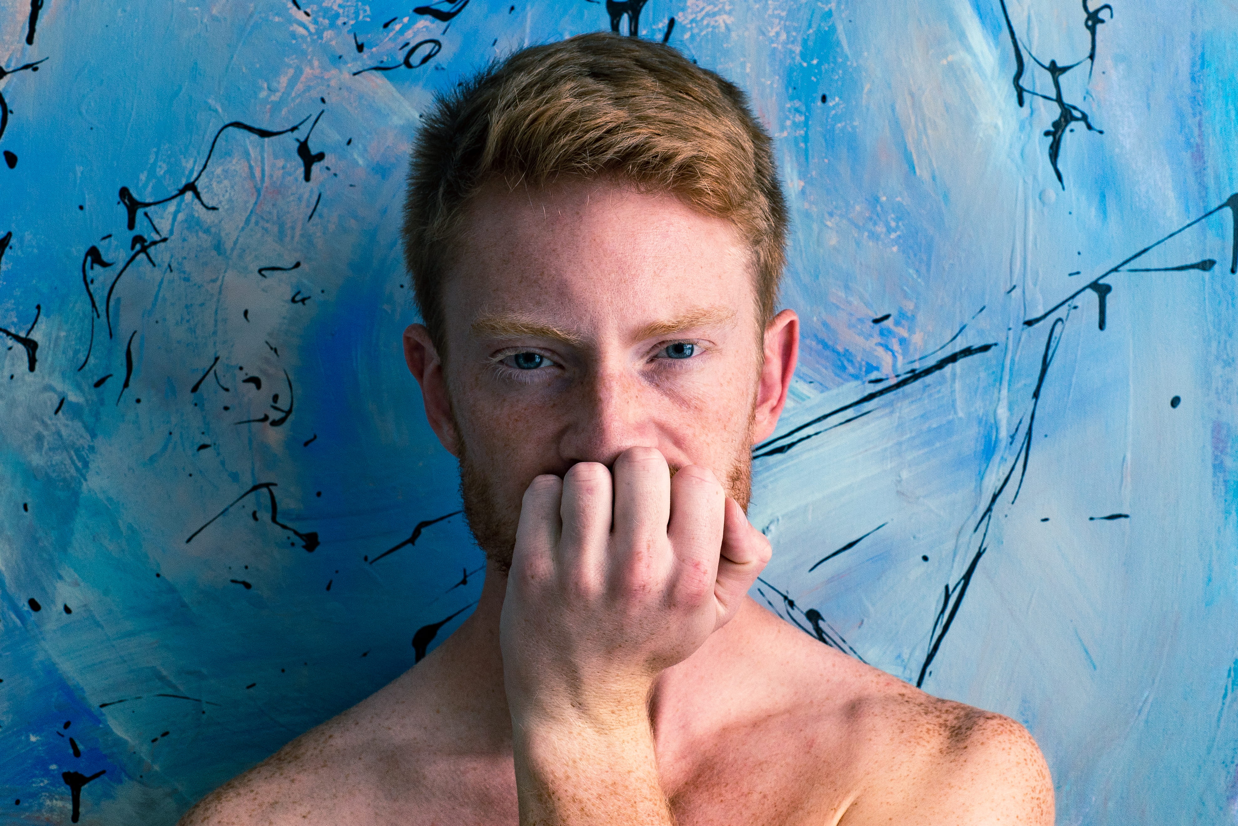 headshot, studio shot, portrait, mid adult, man, style, thinking, model, contemplation, male, human face, red hair, chest, hand, human body part, pose, HD Wallpaper