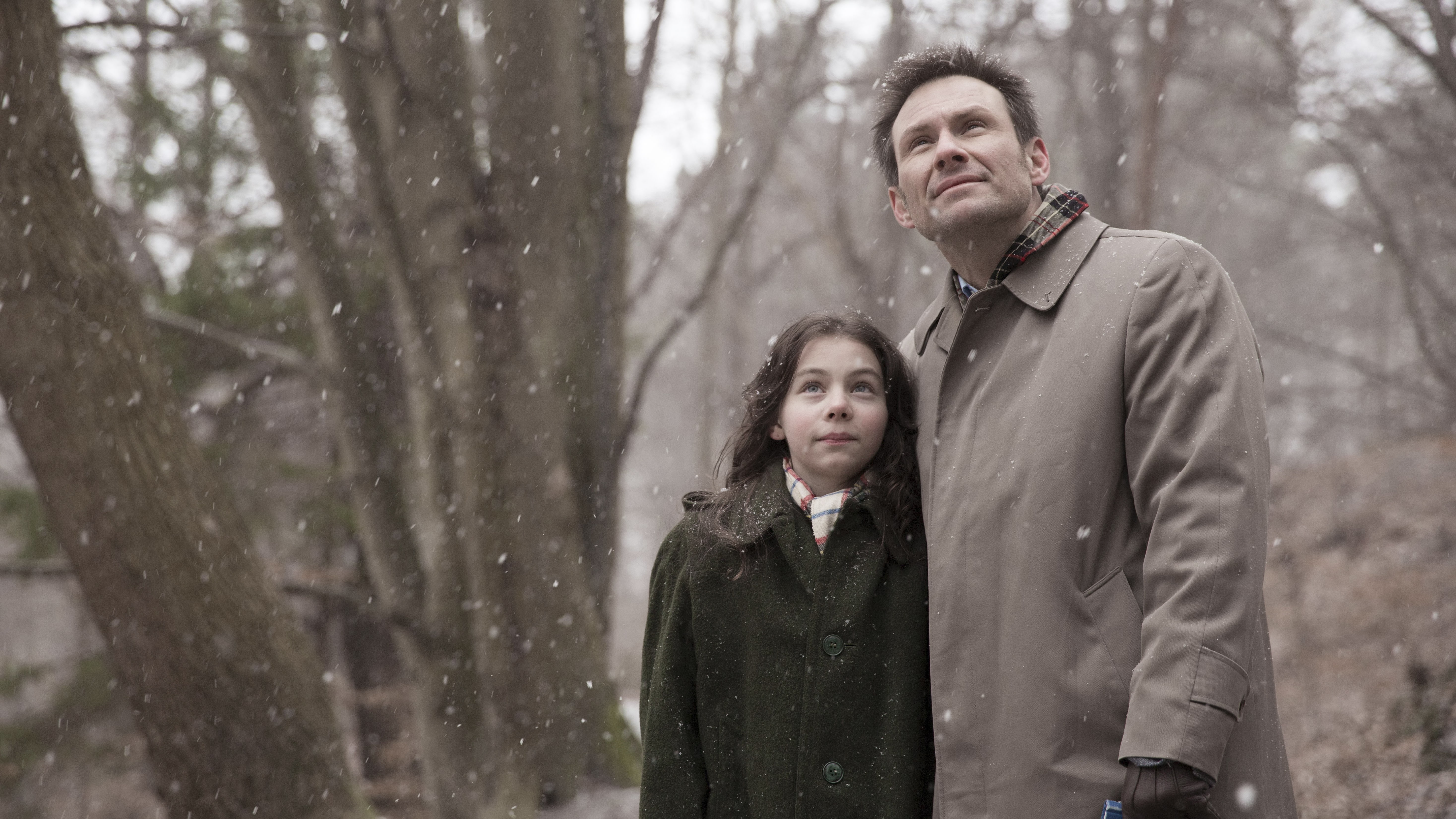 Christian Slater, 5K, snow, actor, Maja Arsovic, girl, HD Wallpaper