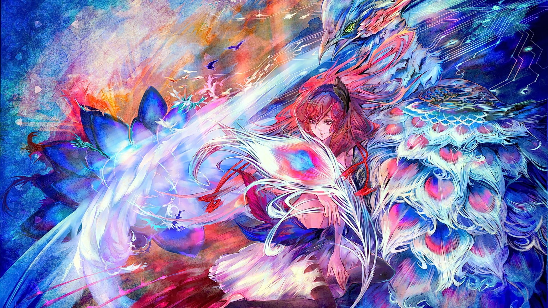 anime girls, anime, animals, birds, long hair, 1080P, pink hair, fenix, looking away, HD Wallpaper