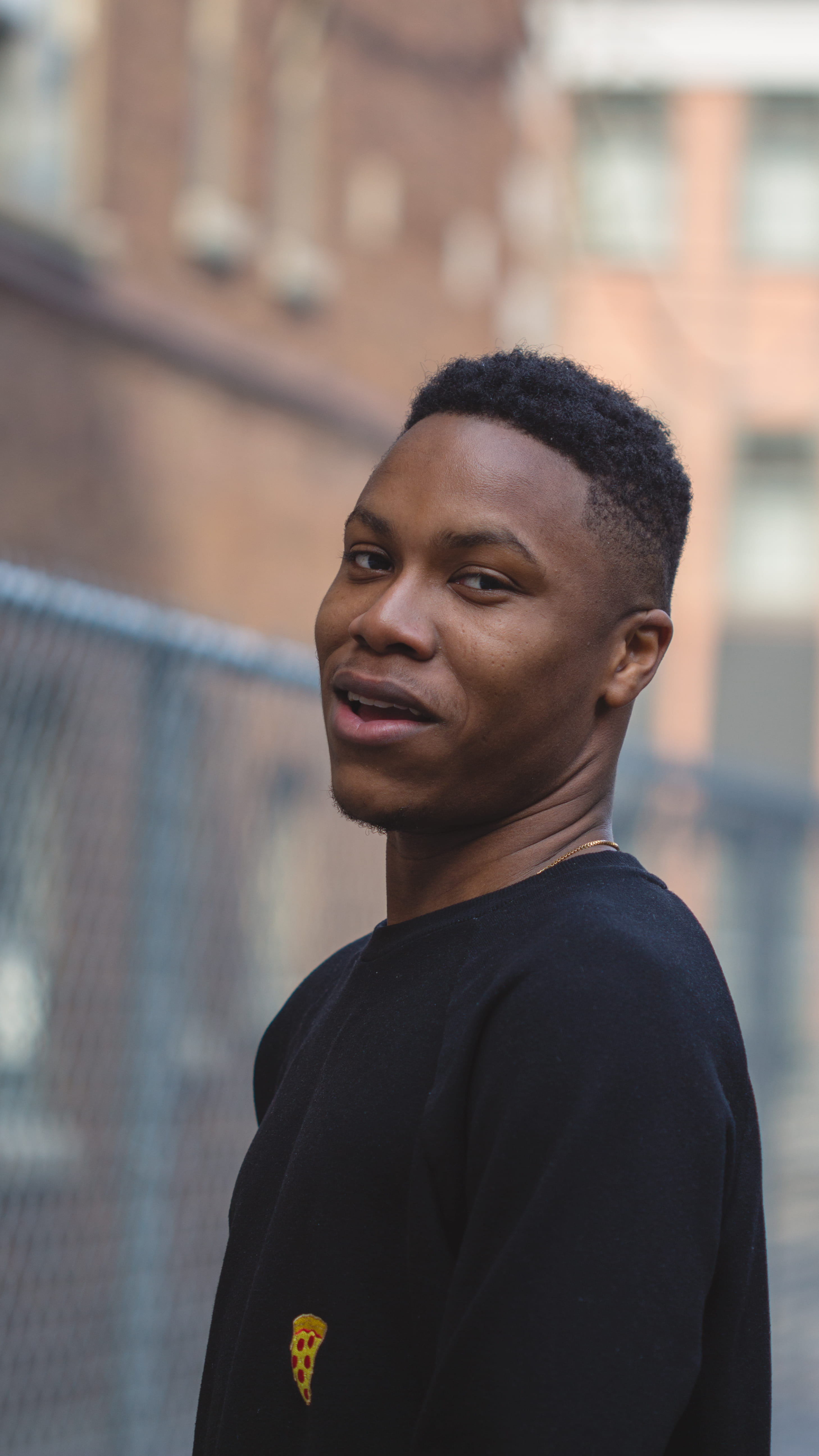 face, headshot, female, one person, lifestyles, bokeh, pizza, toronto, street, building exterior, smiling, young men, 5K, leisure activities, real people, Phone HD Wallpaper