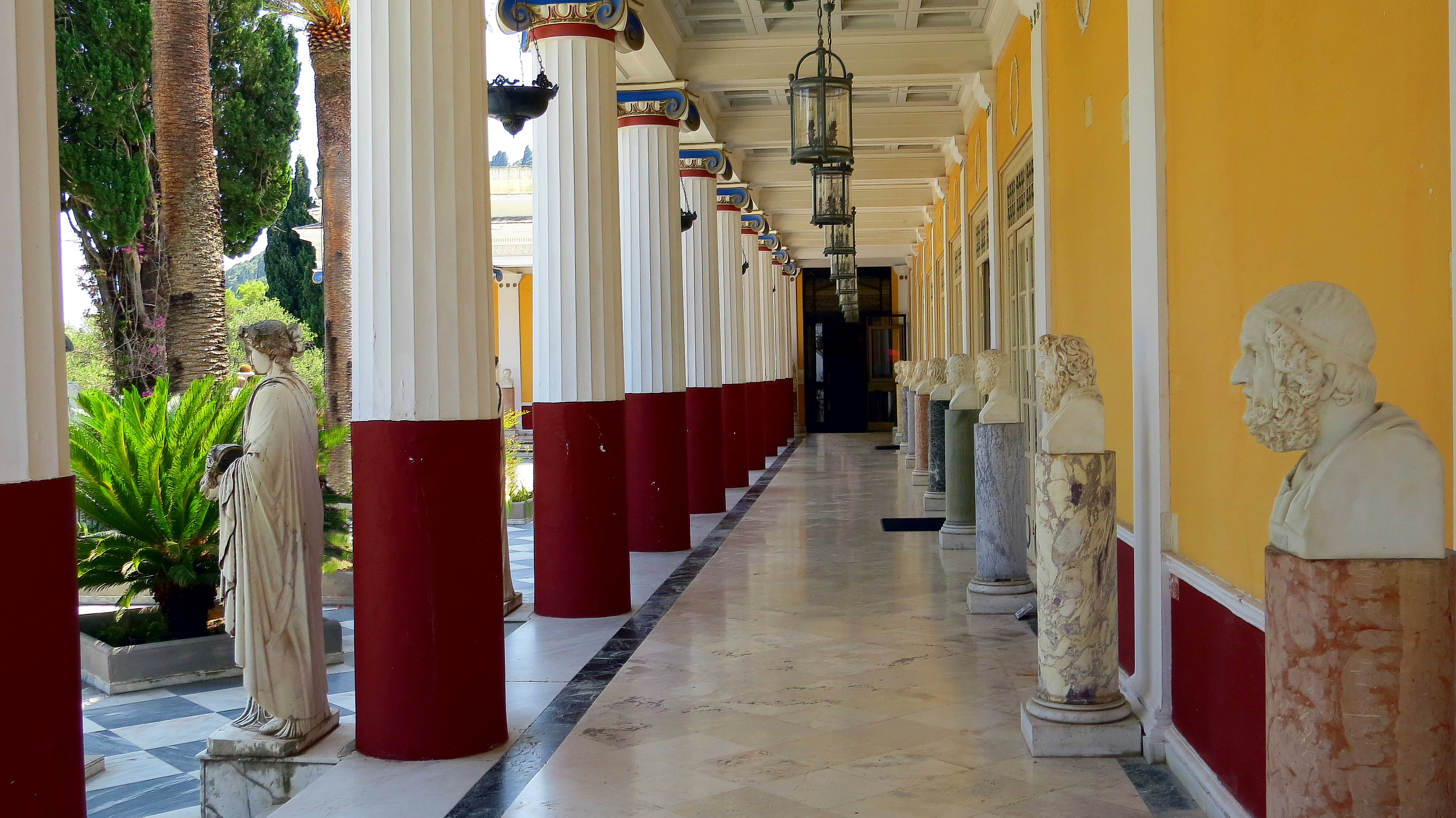 the palace, corfu, bust, artistic, architecture, the way forward, greece, hanging, island, achilleion, empress, day, monument, elżbieta bavarian, ceiling, HD Wallpaper