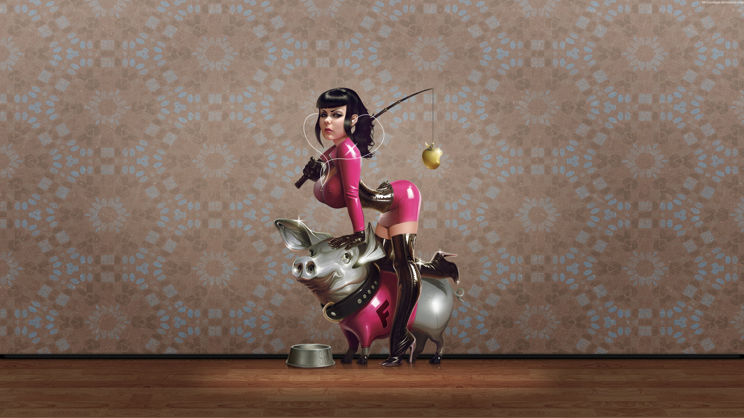 standing, retro Styled, young women, smiling, rod, pig, girl, board, women, looking at camera, bowl, figurine, beauty, cute, pink, lifestyles, beautiful, HD Wallpaper