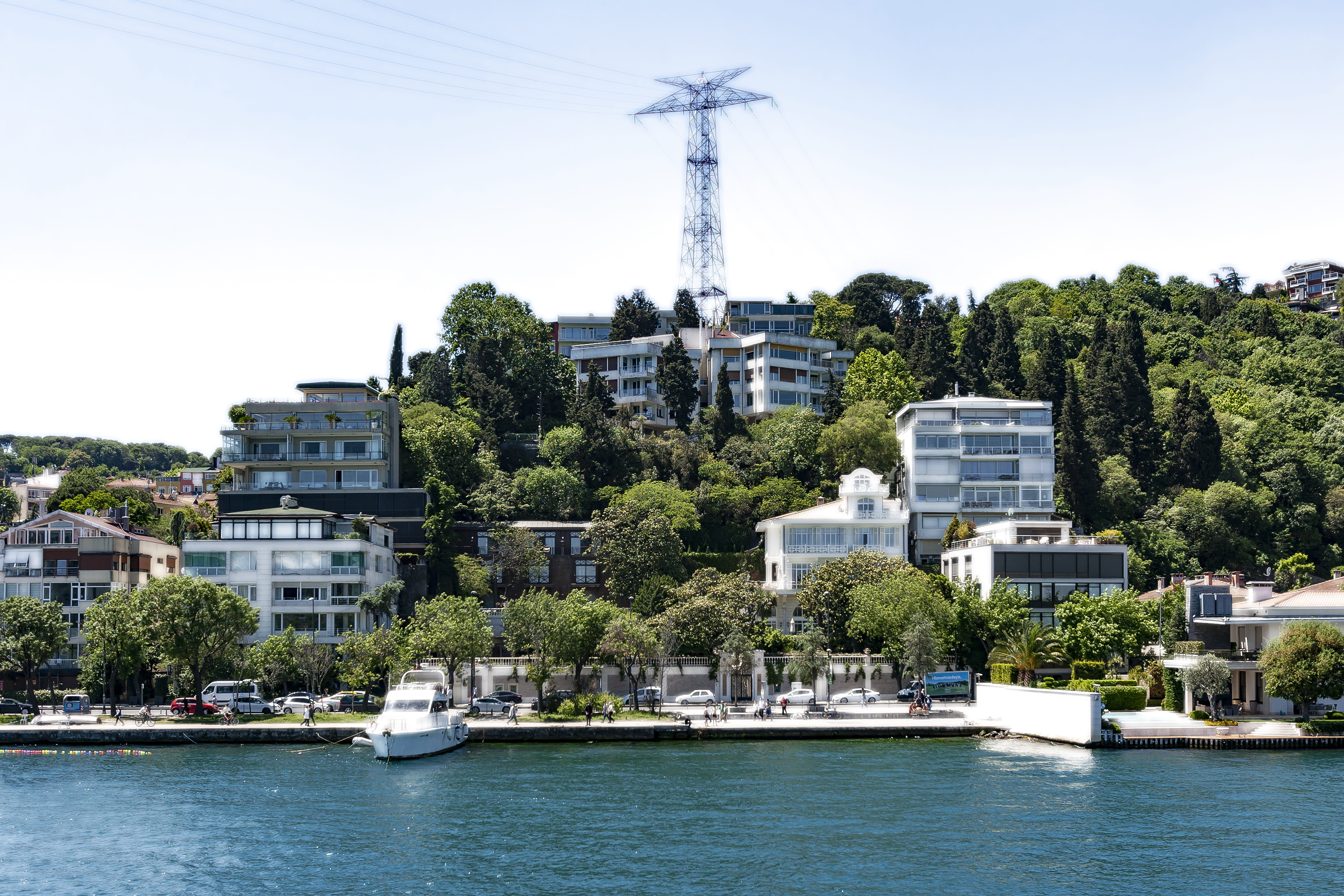 waterfront, nautical vessel, transmission, landscape, sky, electricity, 5K, 2015, built structure, shore, travel, tree, nature, sea, building exterior, HD Wallpaper