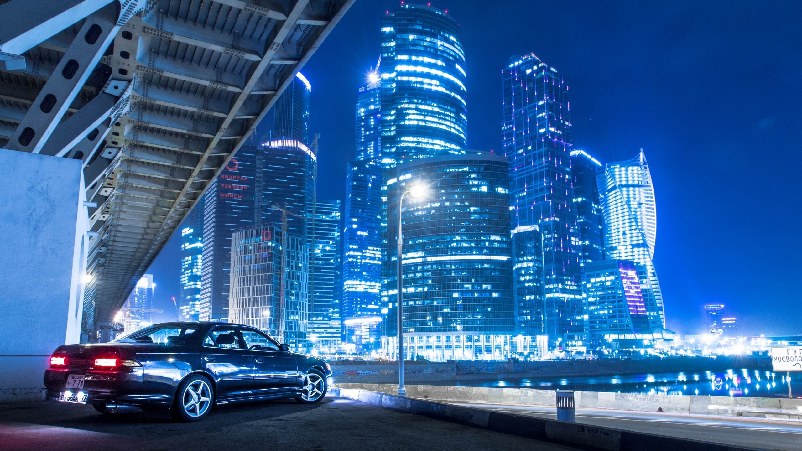 building, architecture, night, cityscape, street, built structure, landscape, modern, financial district, mode of transportation, car, no people, outdoors, HD Wallpaper