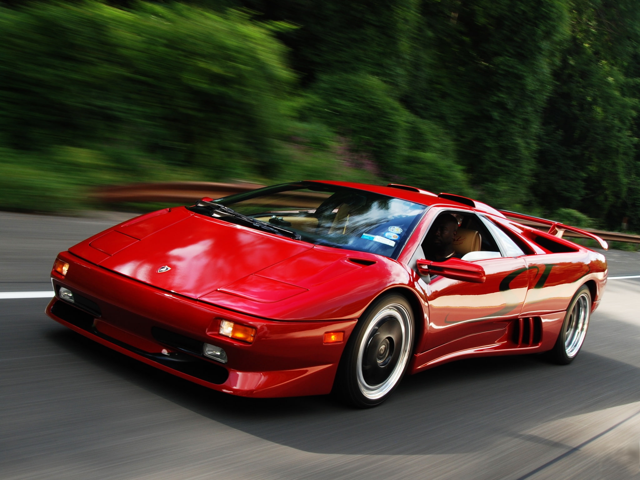 road, lamborghini diablo sv, red, motor vehicle, no people, city, Vehicle, 1080P, cars, outdoors, car, speed, tree, day, on the move, toy car, motion, HD Wallpaper