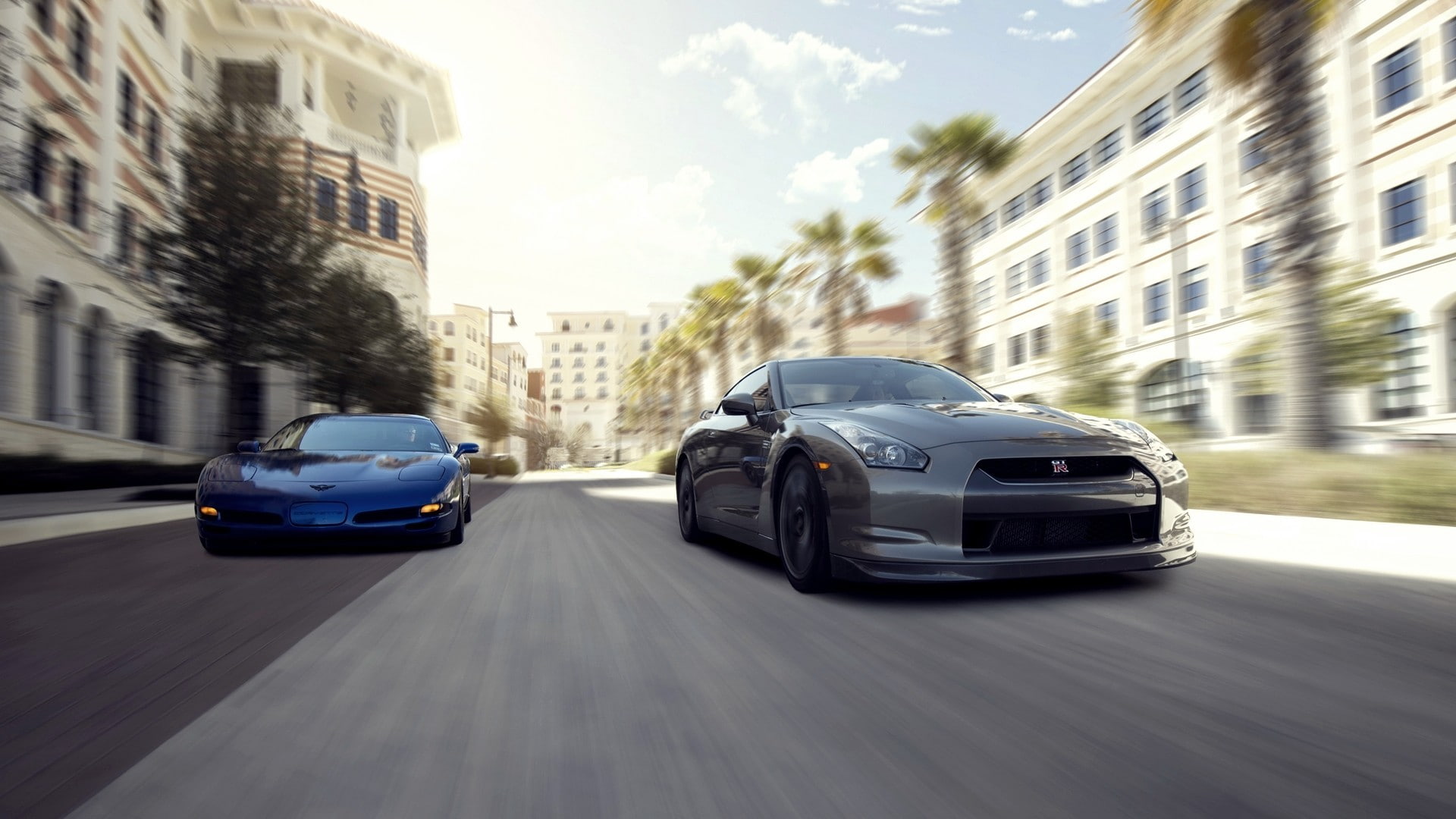 car, architecture, building exterior, nature, Nissan GT-R, road, motion, speed, Chevrolet Corvette, land vehicle, travel, on the move, no people, city, HD Wallpaper