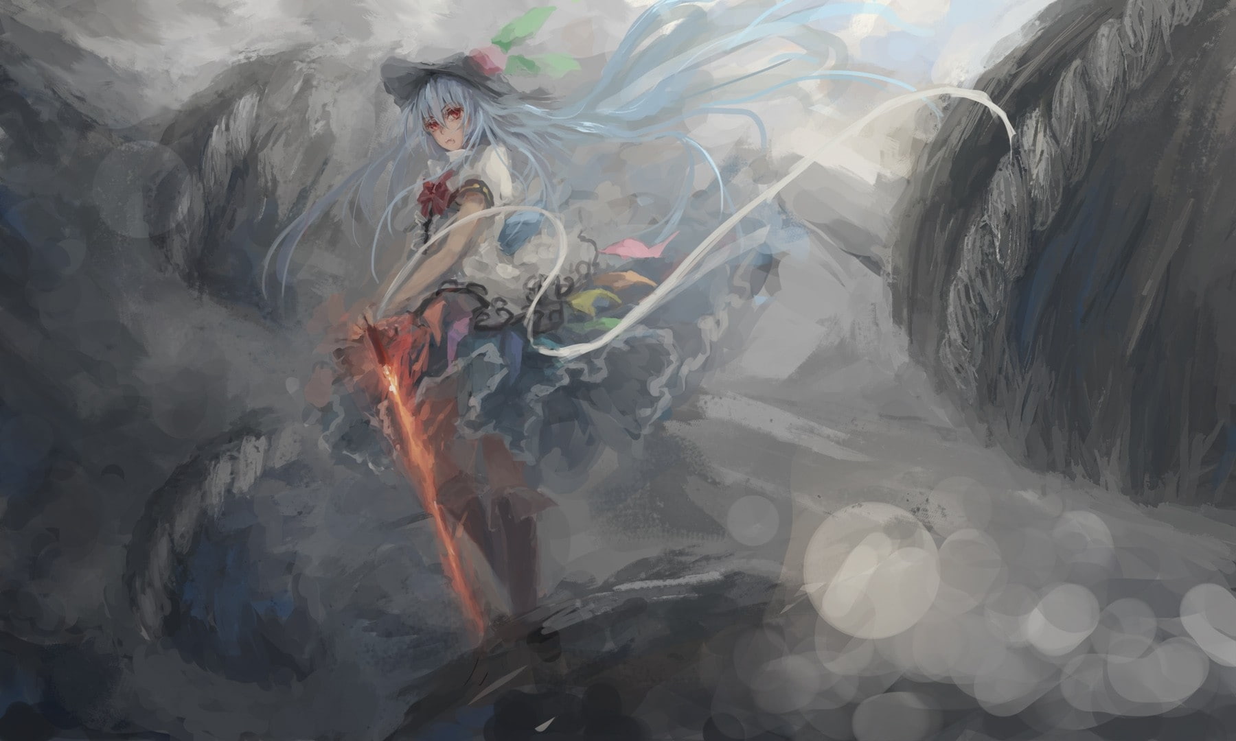 anime, dress, eyes, games, hinanawi, Touhou, art, red, swords, 720P, hair, tenshi, hats, girls, long, hd, blue, Video Games, video, HD Wallpaper