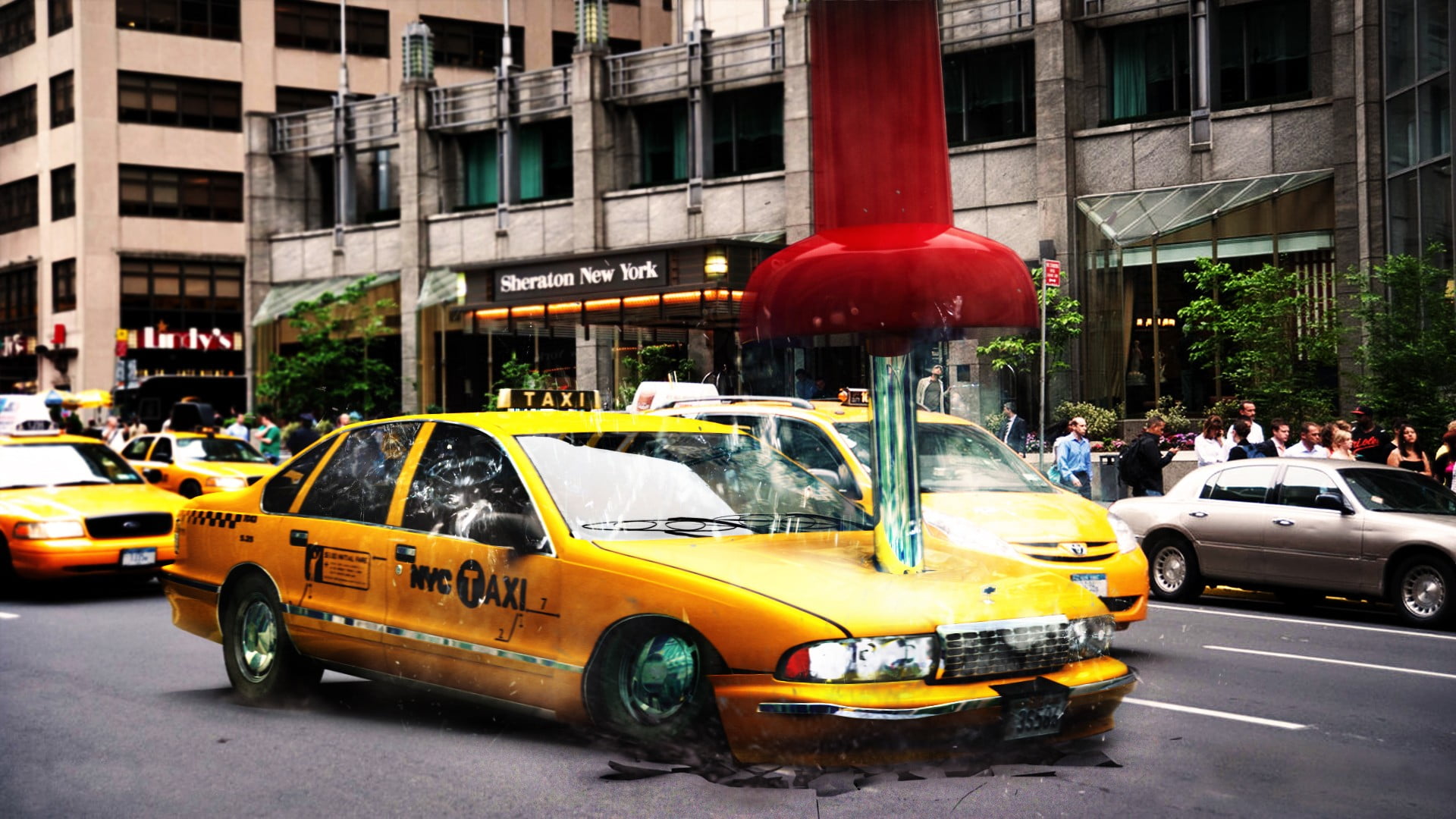 pin, land vehicle, taxi, digital art, scooter, outdoors, transportation, yellow, city street, incidental people, photo manipulation, traffic, street, day, HD Wallpaper