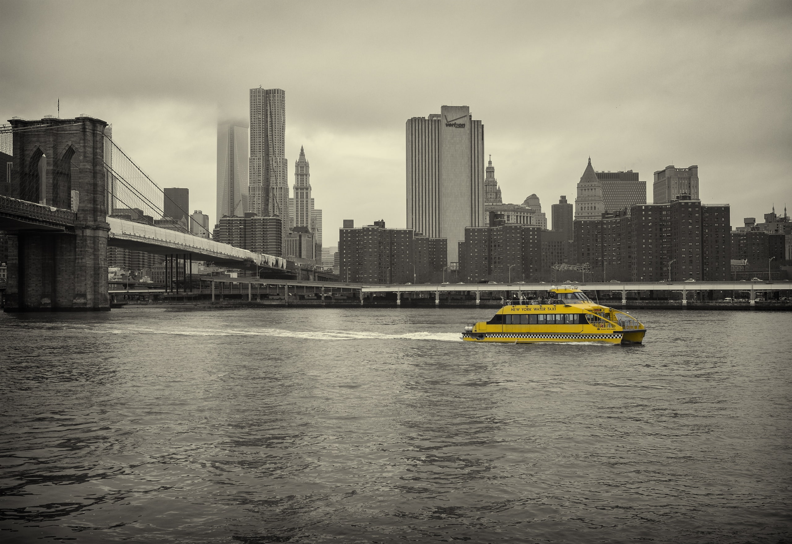 modern, city, building exterior, mode of transportation, architecture, skyscraper, connection, water, waterfront, river, taxi, New York City, nautical vessel, HD Wallpaper
