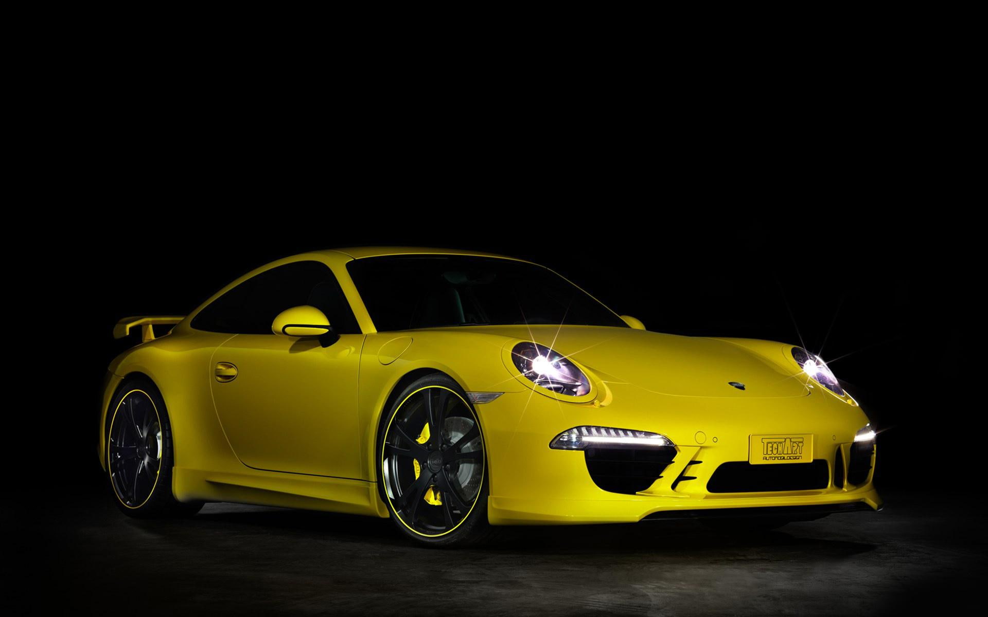 cars, car, 2012, black, porsche, 1080P, sports, techart, yellow, HD Wallpaper