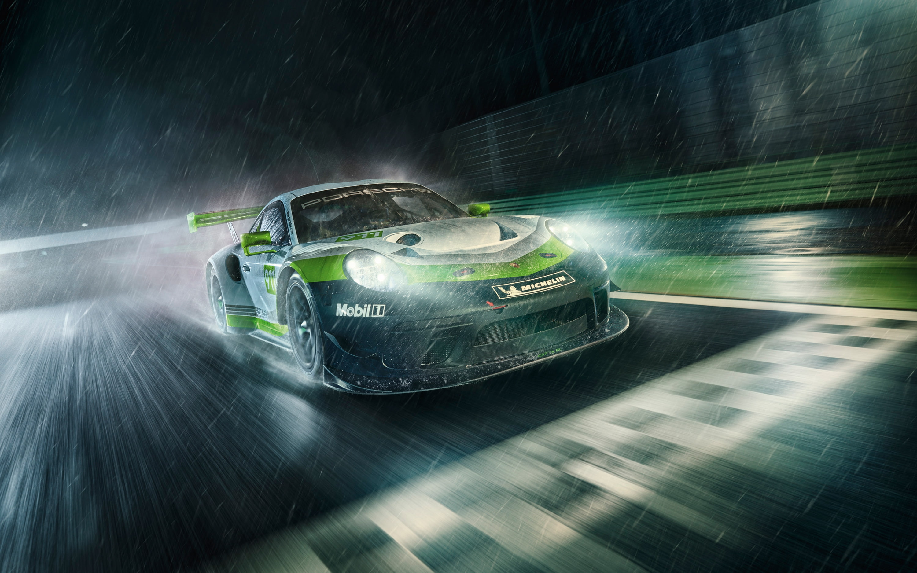 travel, sport, headlight, 2K, no people, long exposure, city, street, blurred motion, porsche 911 gt3 r, road, rain, land vehicle, on the move, motor vehicle, HD Wallpaper