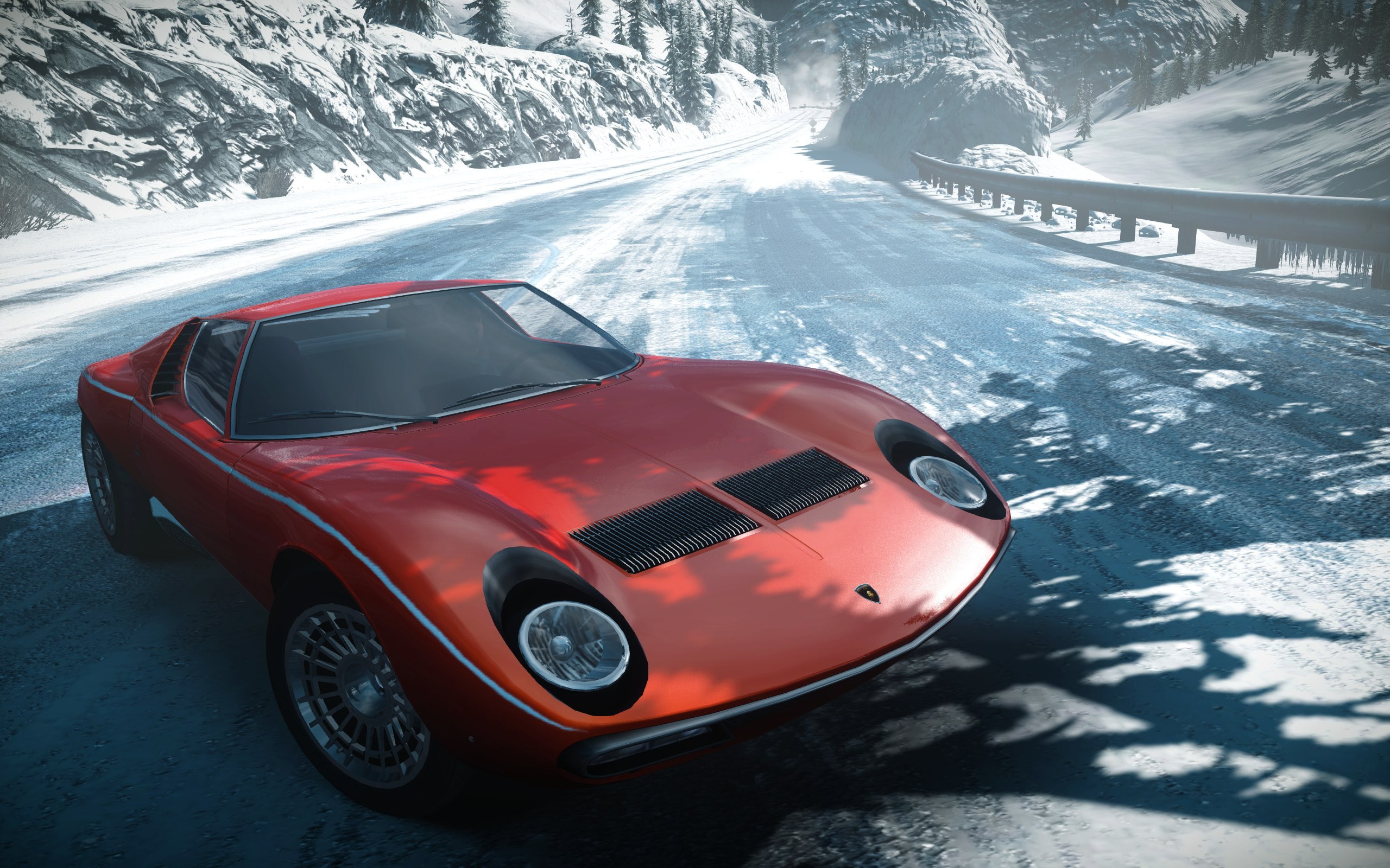 2K, sports car, Need for Speed The Run, red, mountains, race, Lamborghini Miura SV, snow, lights, coupe, classic, HD Wallpaper