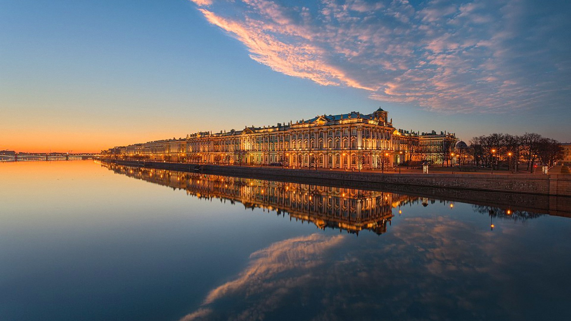 river Neva, high, bridge, orange, Sunset, embankment, St. Petersburg, st, black, building, petersburg, 1080P, sky, clouds, concrete, rise, houses, HD Wallpaper