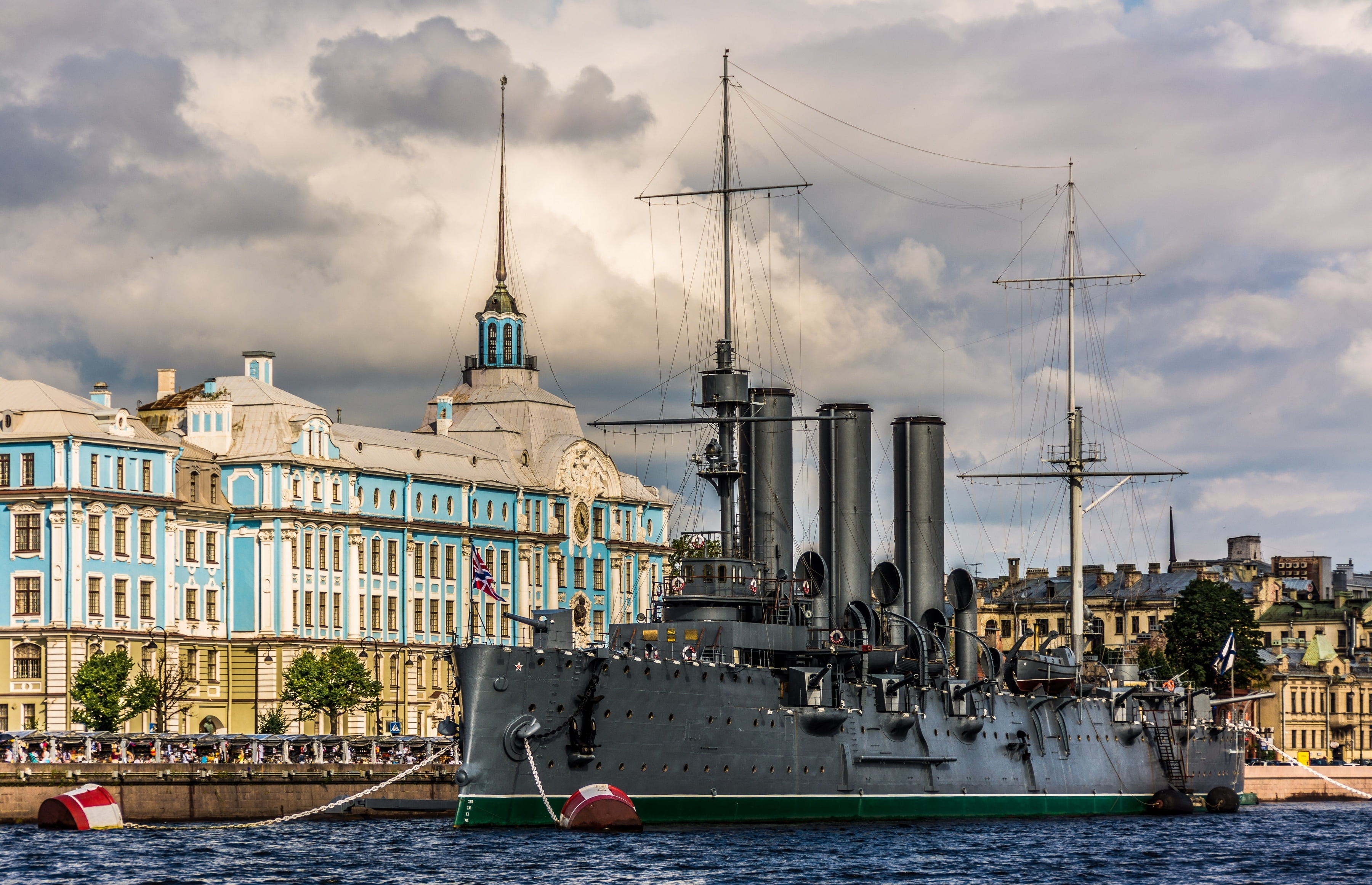 Saint Petersburg, transportation, famous Place, pier, outdoors, building Exterior, promenade, warship, Aurora, cloud - sky, urban Scene, ship, commercial Dock, HD Wallpaper