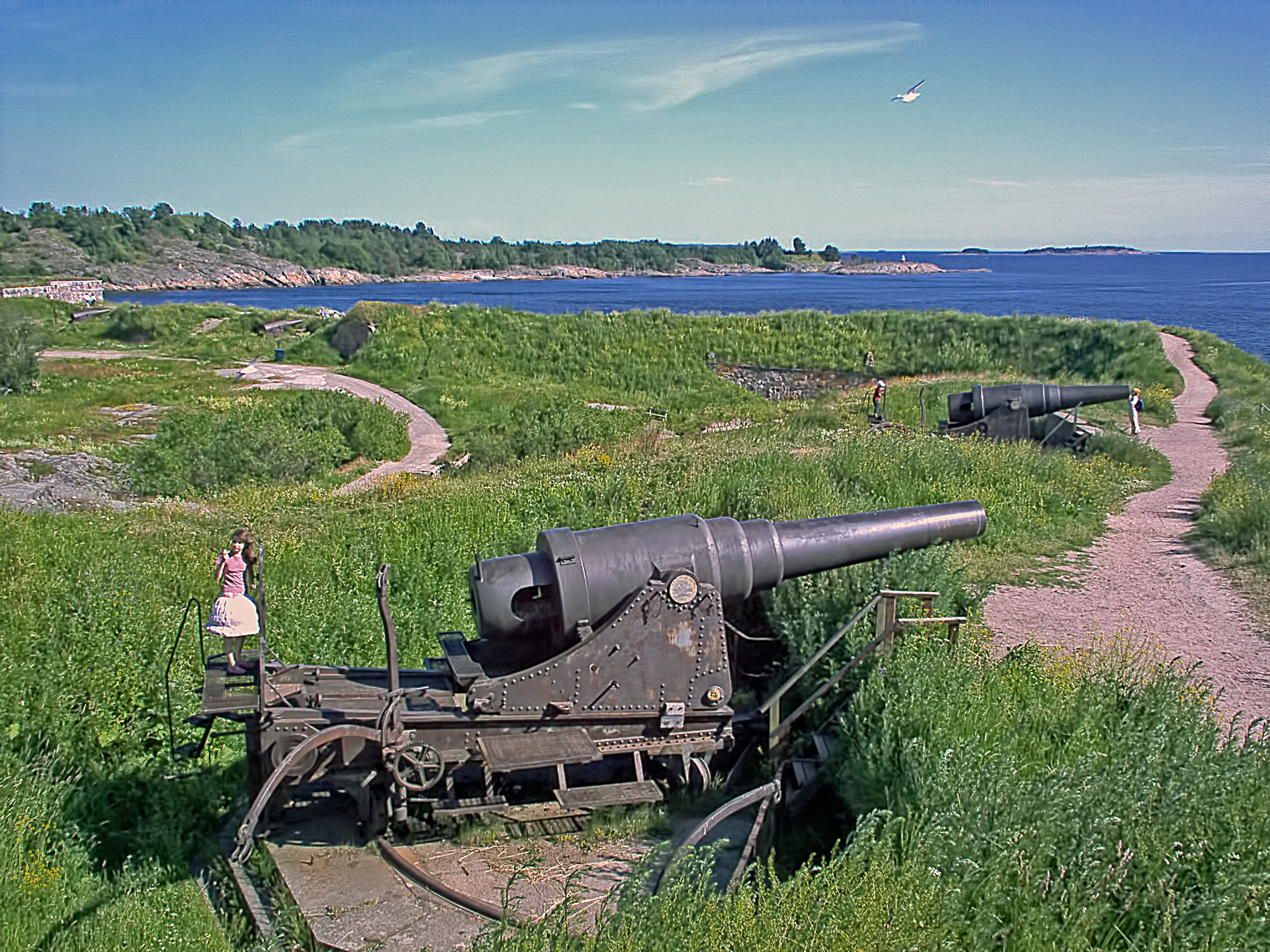 old, day, sunny, clouds, transportation, water, the past, field, green color, grass, finnish, sky, 2K, sea, outdoors, plant, beauty in nature, weapon, HD Wallpaper