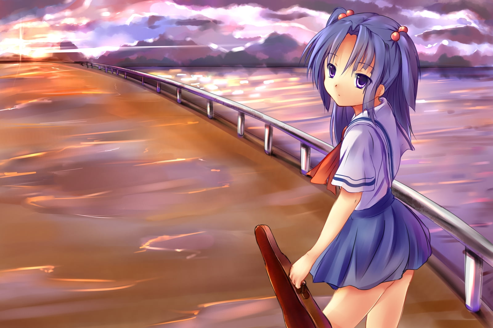 girl, purple, nature, bridge, real people, people, street, anime, sunset, blue, leisure activity, red, young adult, 720P, road, haired, case, females, HD Wallpaper