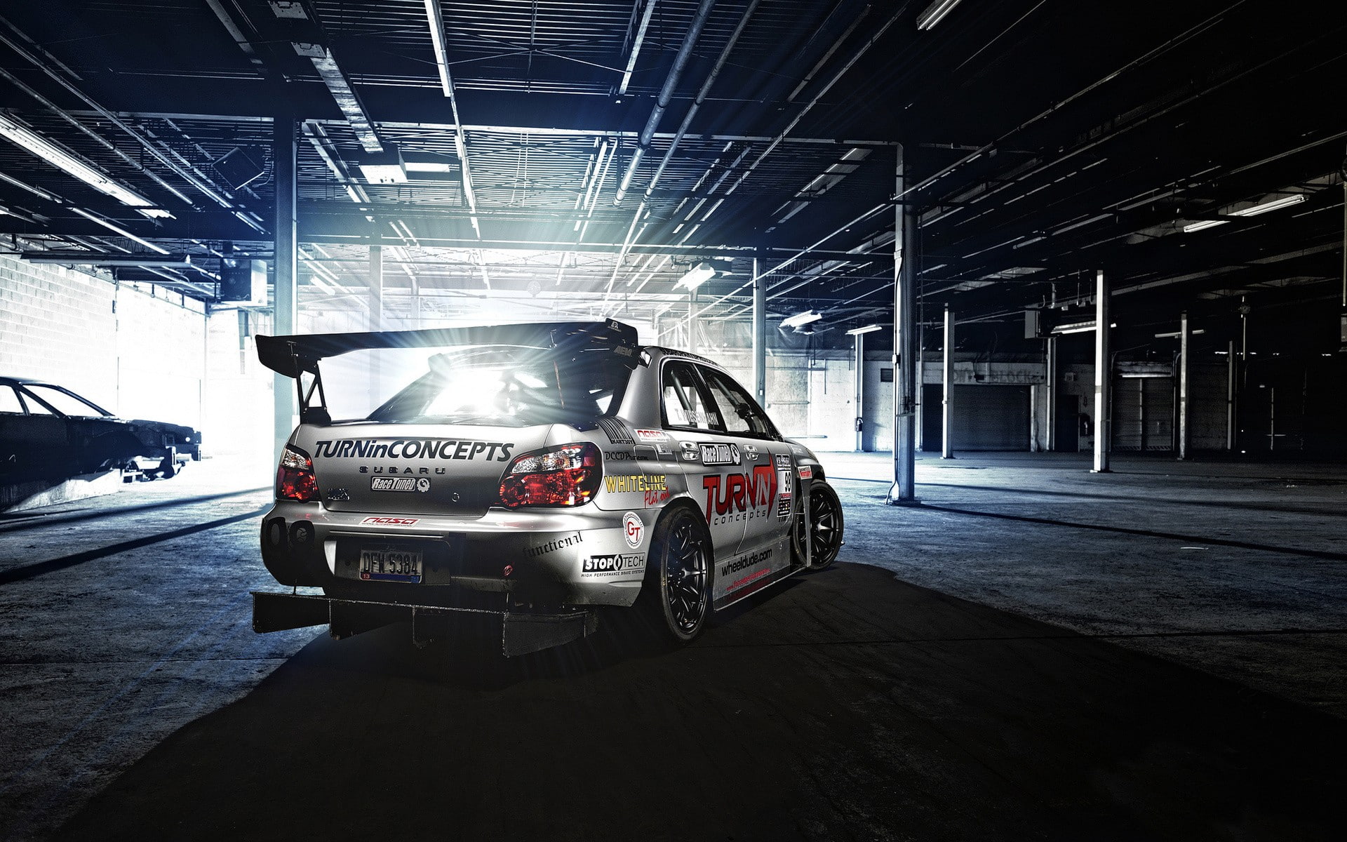 architecture, Subaru Impreza WRX, illuminated, no people, built structure, sunlight, flooring, transportation, car, industry, day, land vehicle, garage, HD Wallpaper