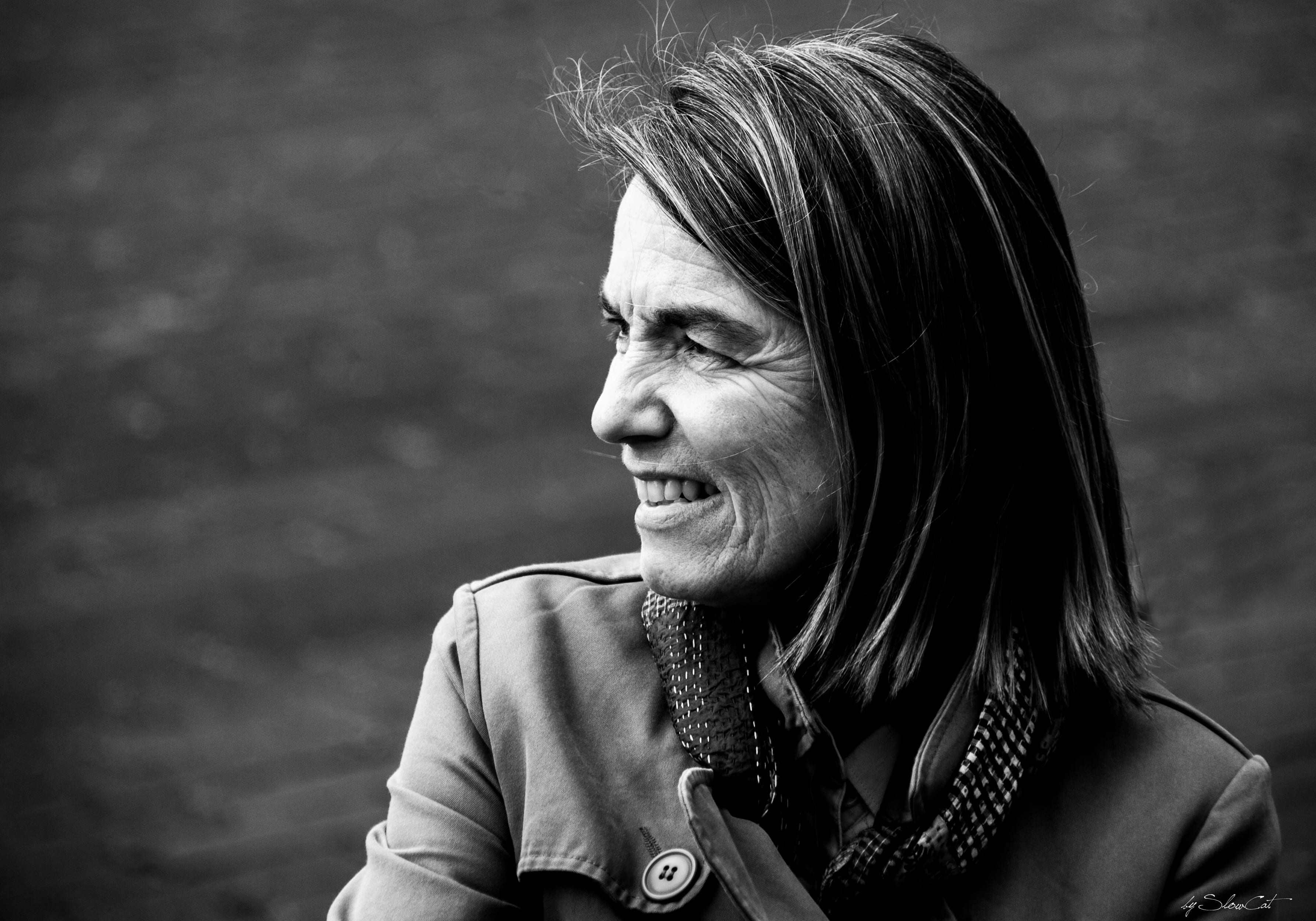 photo, headshot, woman, women, young adult, scarf, caucasian, contemplation, blanco y negro, adult, grayscale, 2K, happiness, close-up, one person, toothy smile, HD Wallpaper