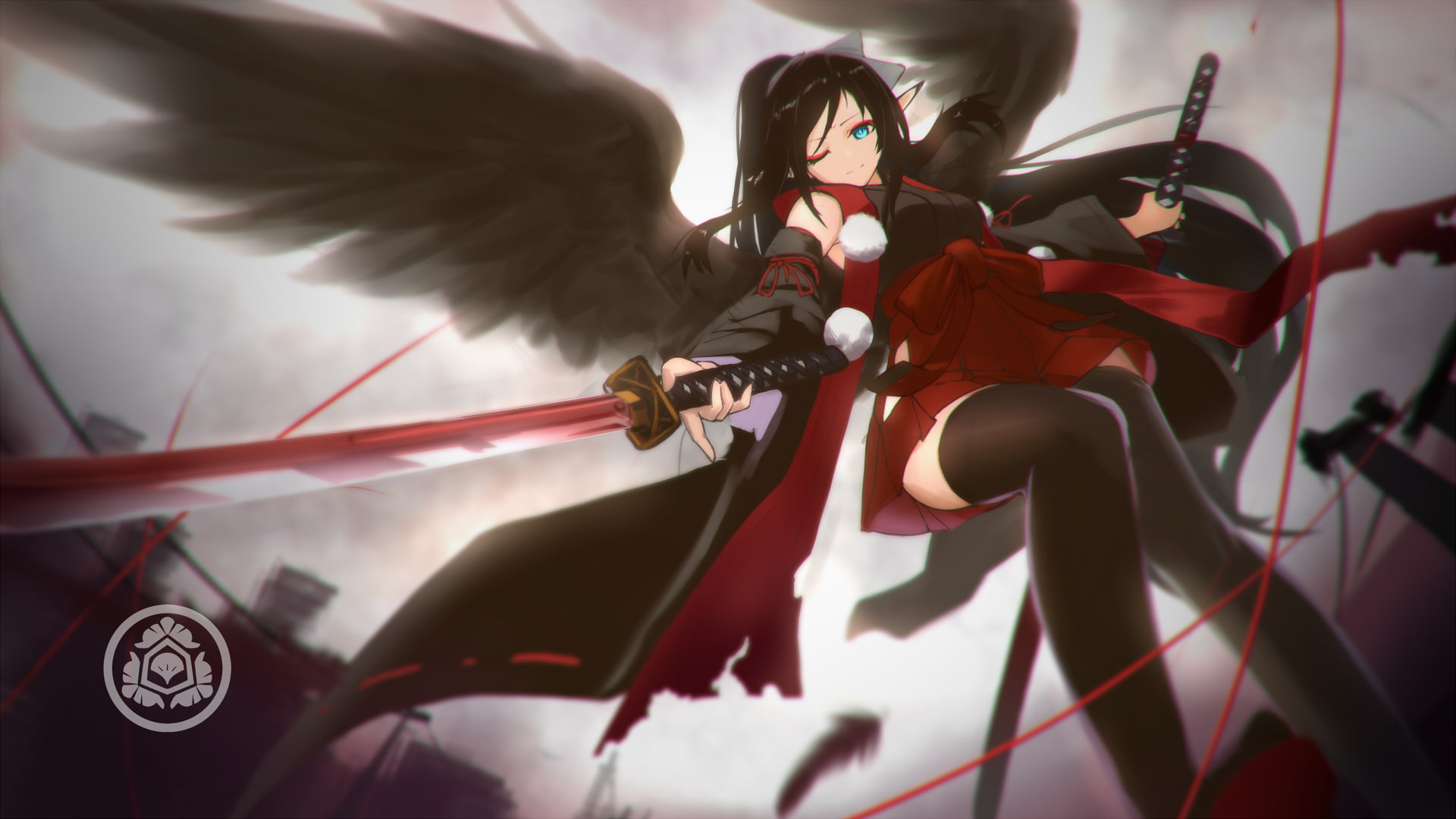 anime, elves, sword, wings, anime girls, thigh-highs, blue eyes, 1080P, long hair, HD Wallpaper