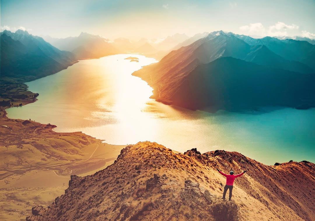 480P, standing, outdoors, nature, red, hiking, man, brown, Instagram, red long, sleeves, mountain, pants, Photo, travel, peak, long, mountain Peak, landscape, HD Wallpaper