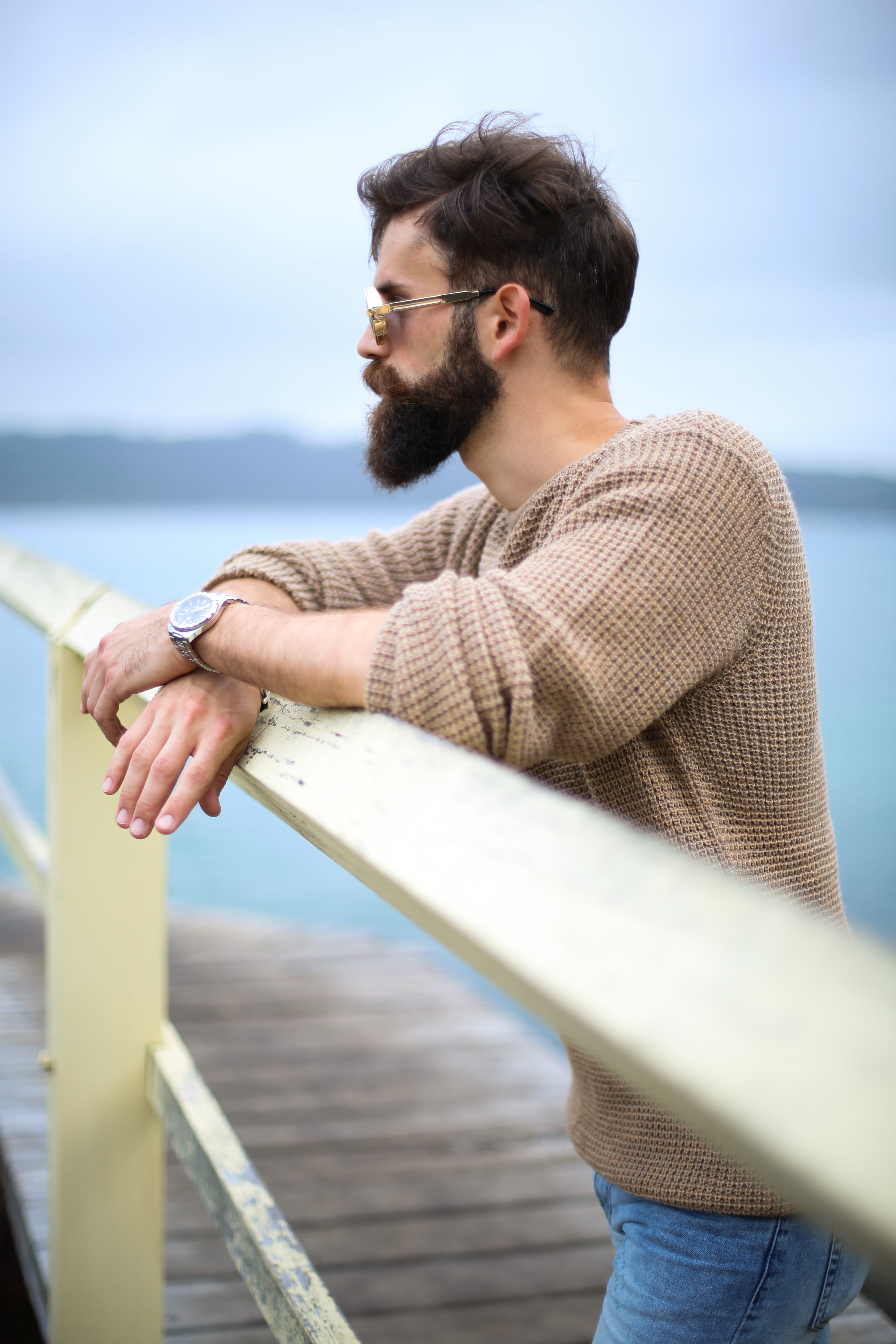 sea, daytime, beard, metal, wooden, leisure activity, looking, contemplation, sweater, man, focus on foreground, lifestyles, dock, real people, railing, Phone HD Wallpaper
