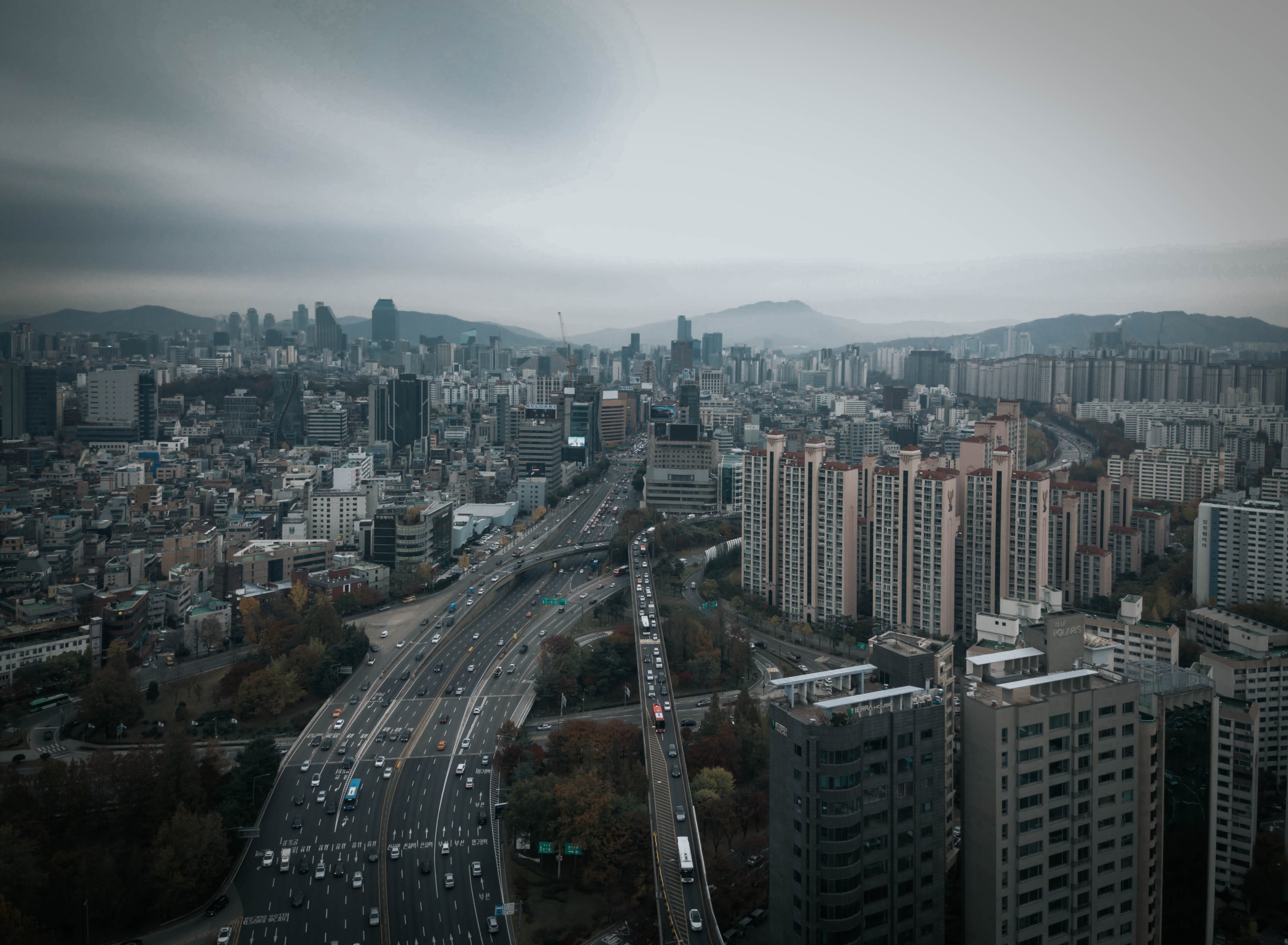 office building exterior, building exterior, highway, city life, apgujeong-dong, sky, modern, road, residential district, downtown, cityscape, aerial view, HD Wallpaper