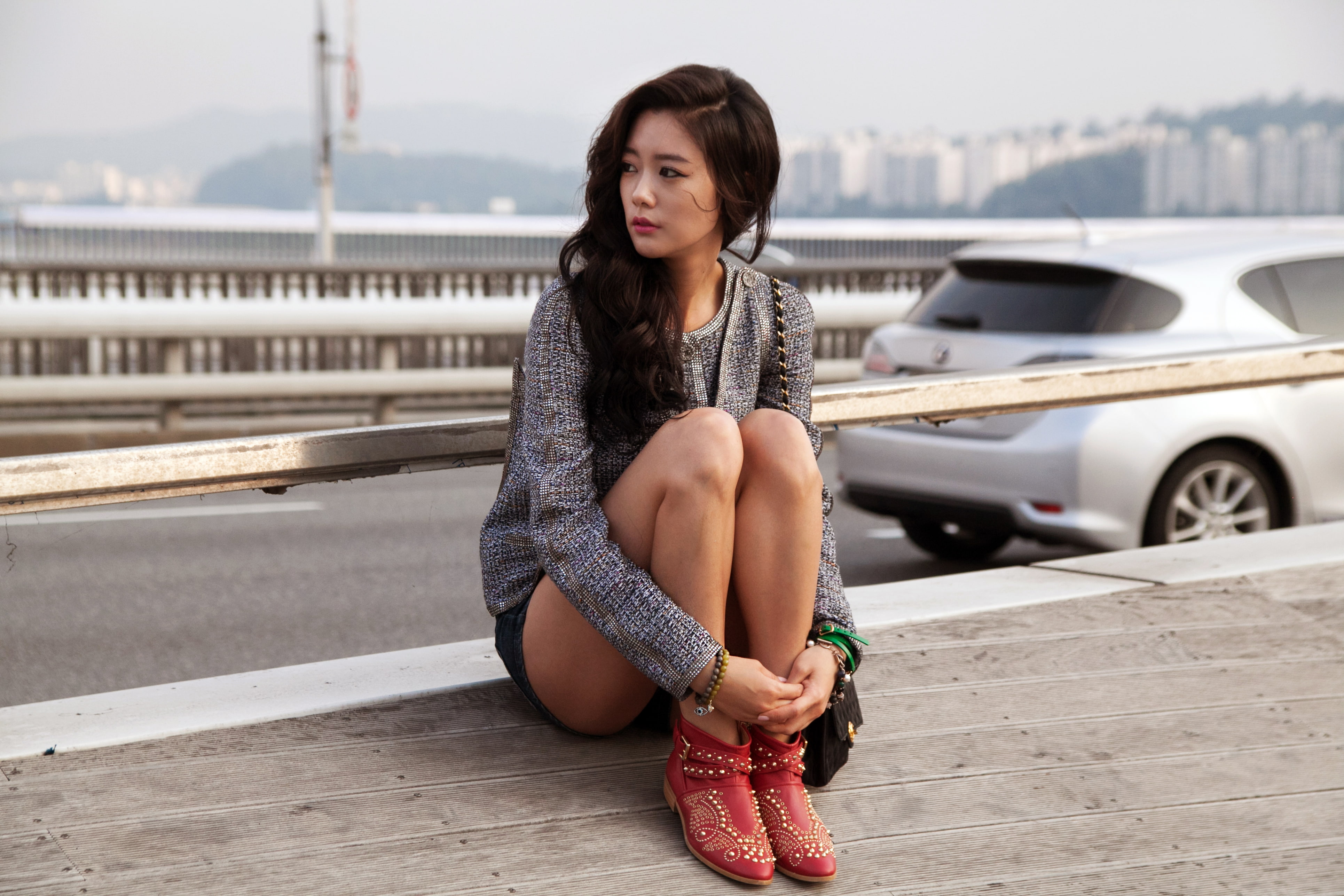 model, full length, outdoors, hairstyle, gray, one person, auto, leisure activity, s, bridge - man made structure, sitting, beautiful woman, South Korea, HD Wallpaper