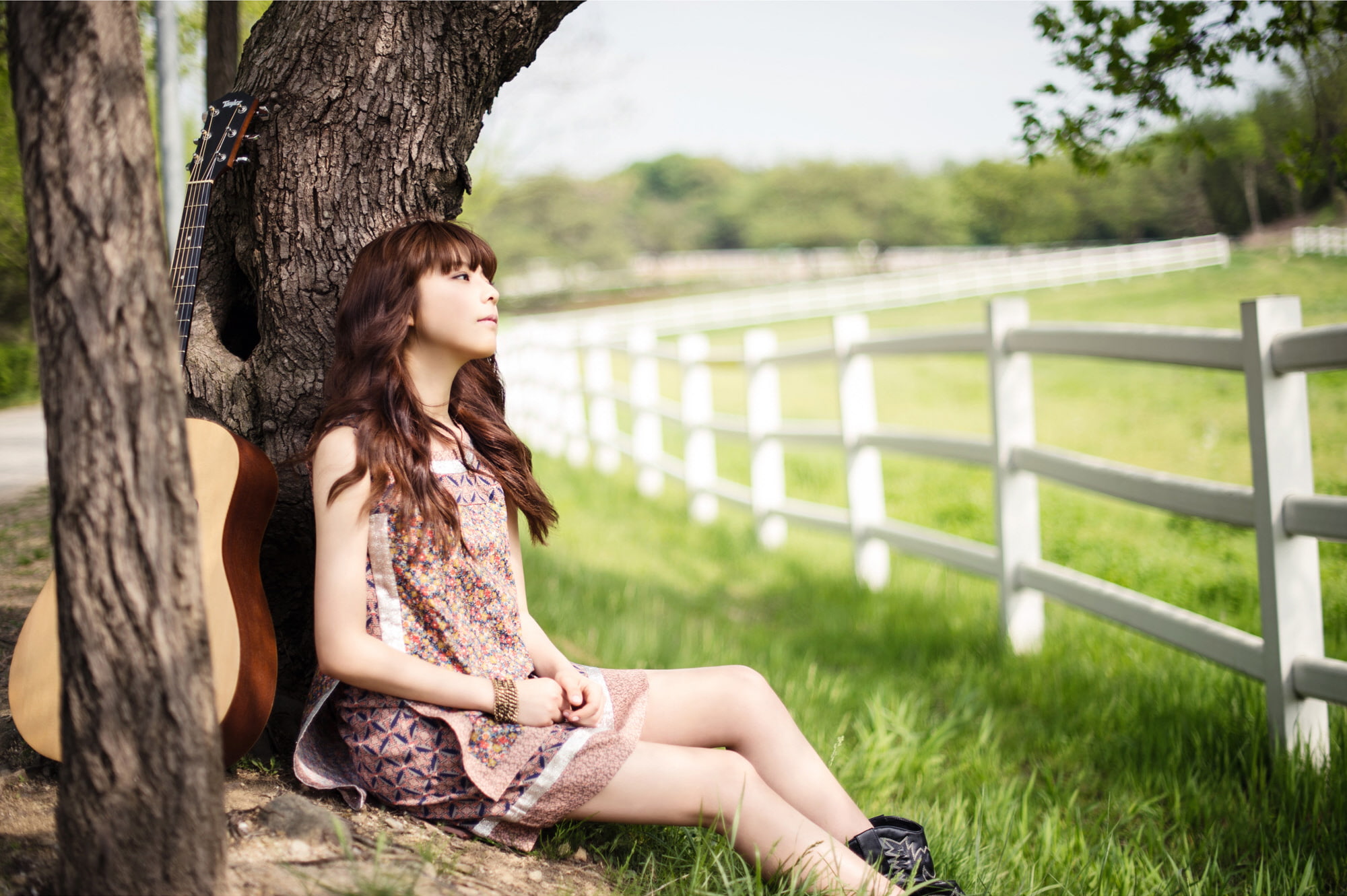 girl, Juniel, guitar, South Korea, Asian, k-pop, nature, music, 1080P, HD Wallpaper