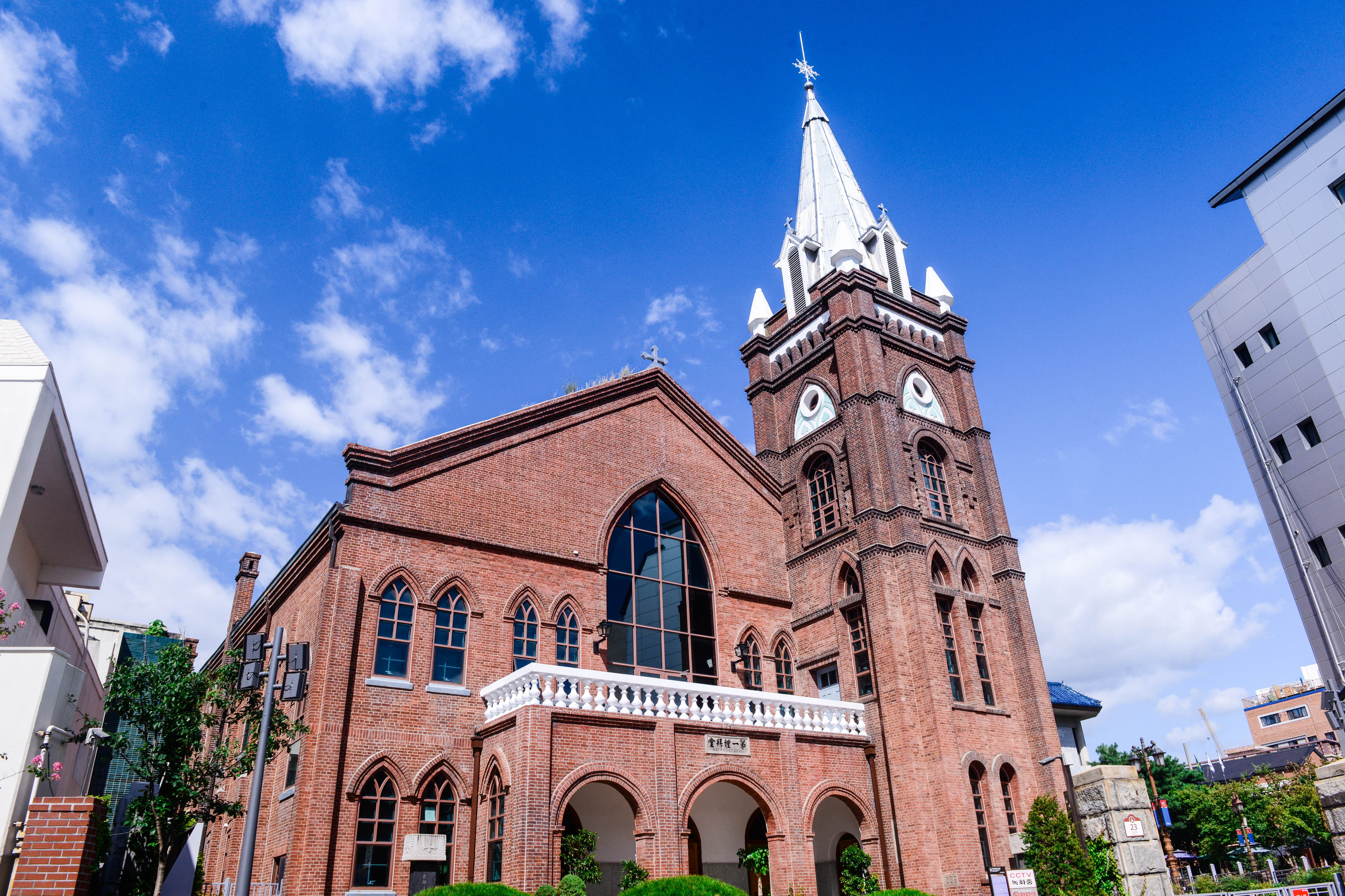 day, spirituality, sky, nature, built structure, travel destinations, history, spire, clock, tower, korea, no people, city, architecture, the past, the best church, HD Wallpaper