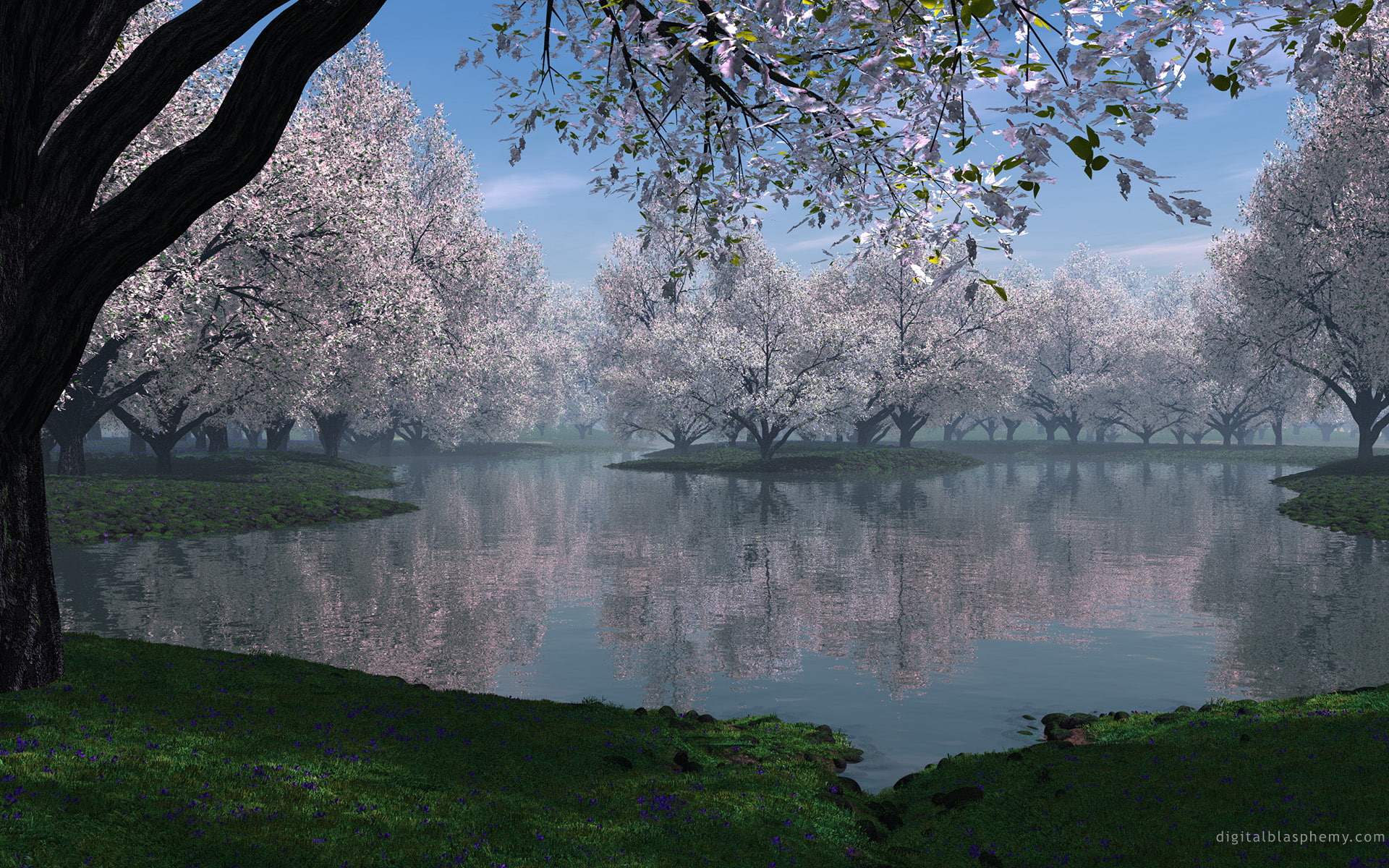 flowers, landscape, green, trees, 1080P, digitalrendering, water, sakura, pink, cherryblossoms, HD Wallpaper