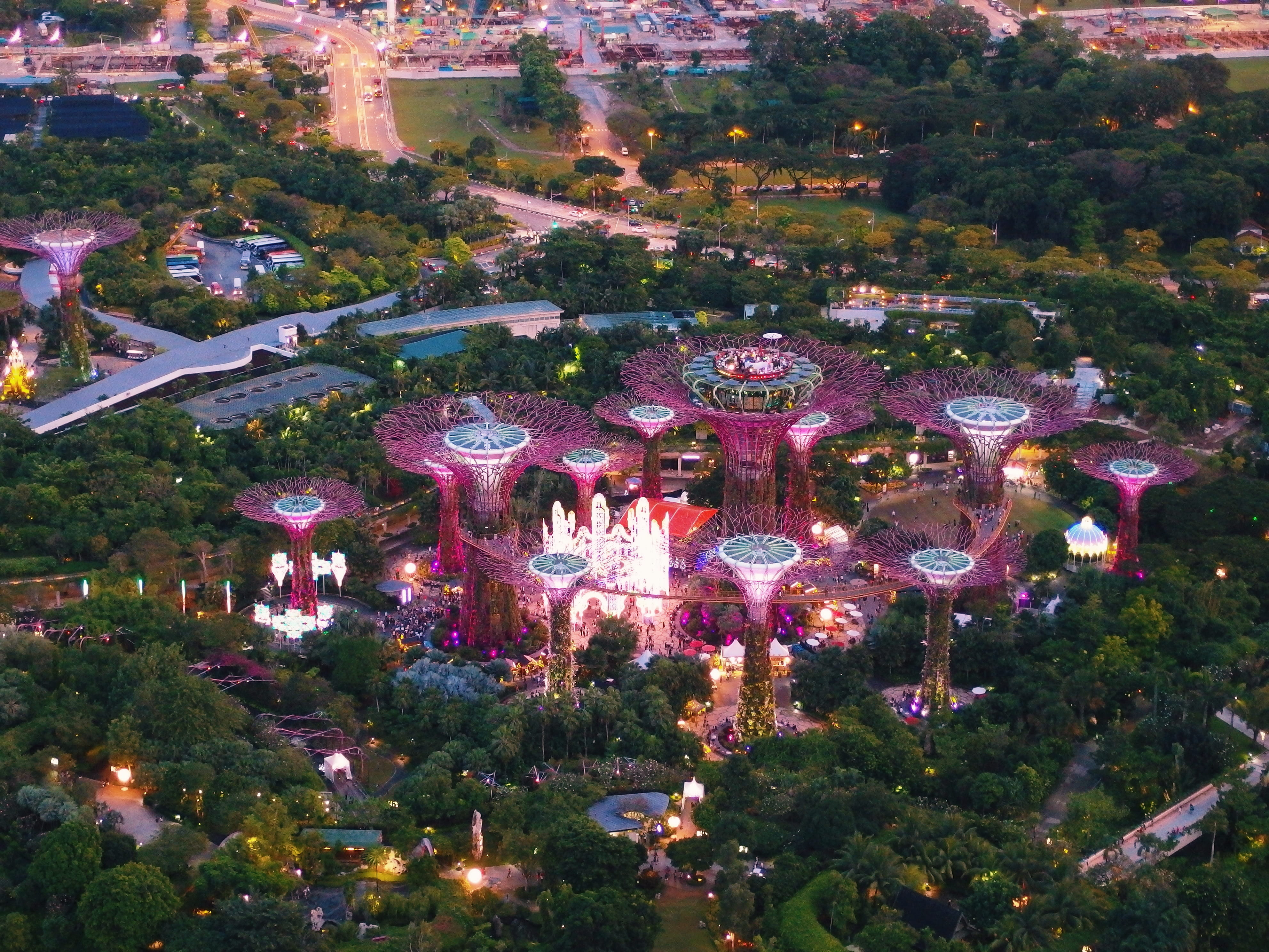 travel, 4K, outdoors, building exterior, gardensbythebay, birdview, nightview, travel destinations, no people, singapore, built structure, nature, city, HD Wallpaper