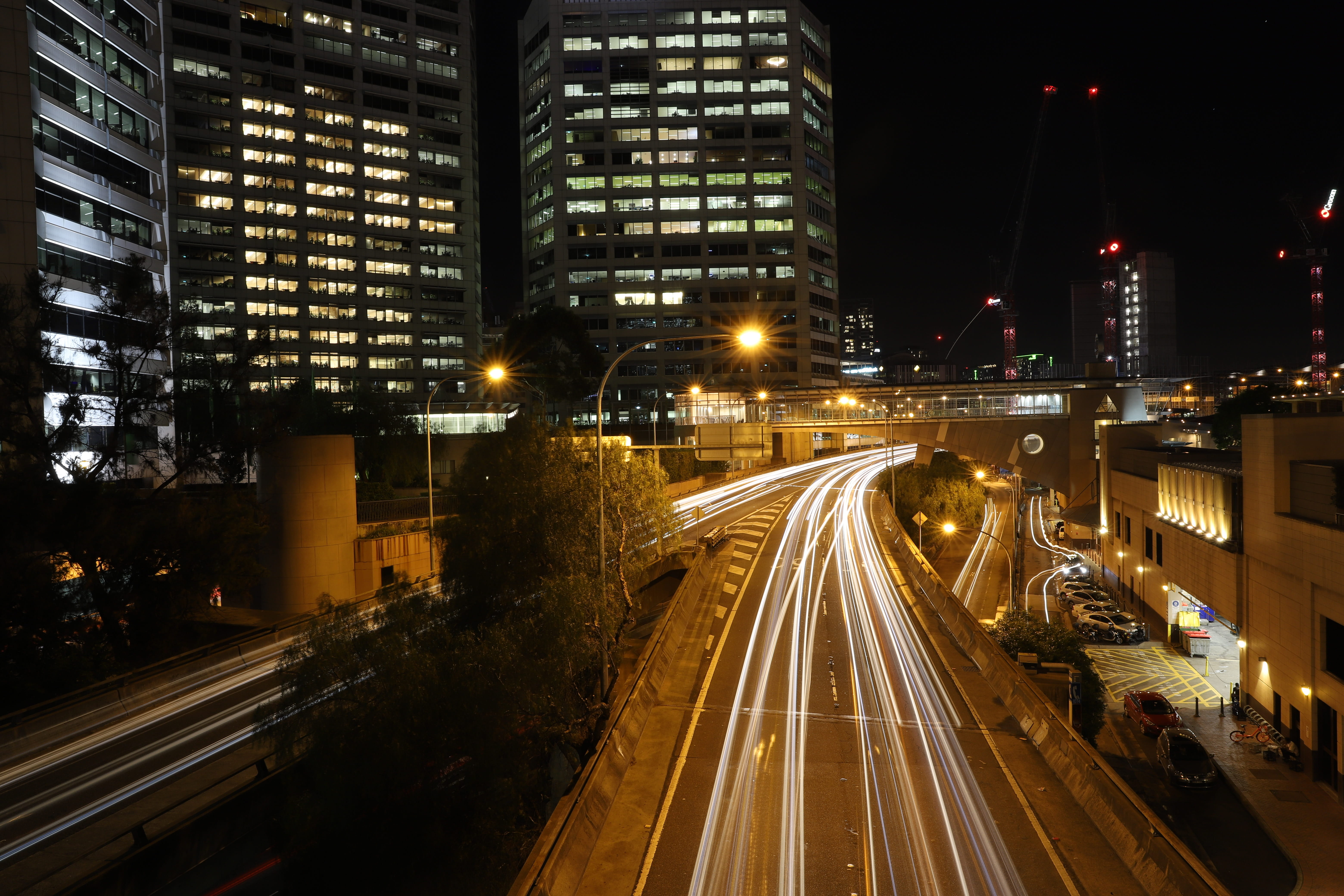 illuminated, long exposure, building exterior, high angle view, multiple lane highway, speed, built structure, night, bridge, skyscraper, no people, 6dmarkii, HD Wallpaper