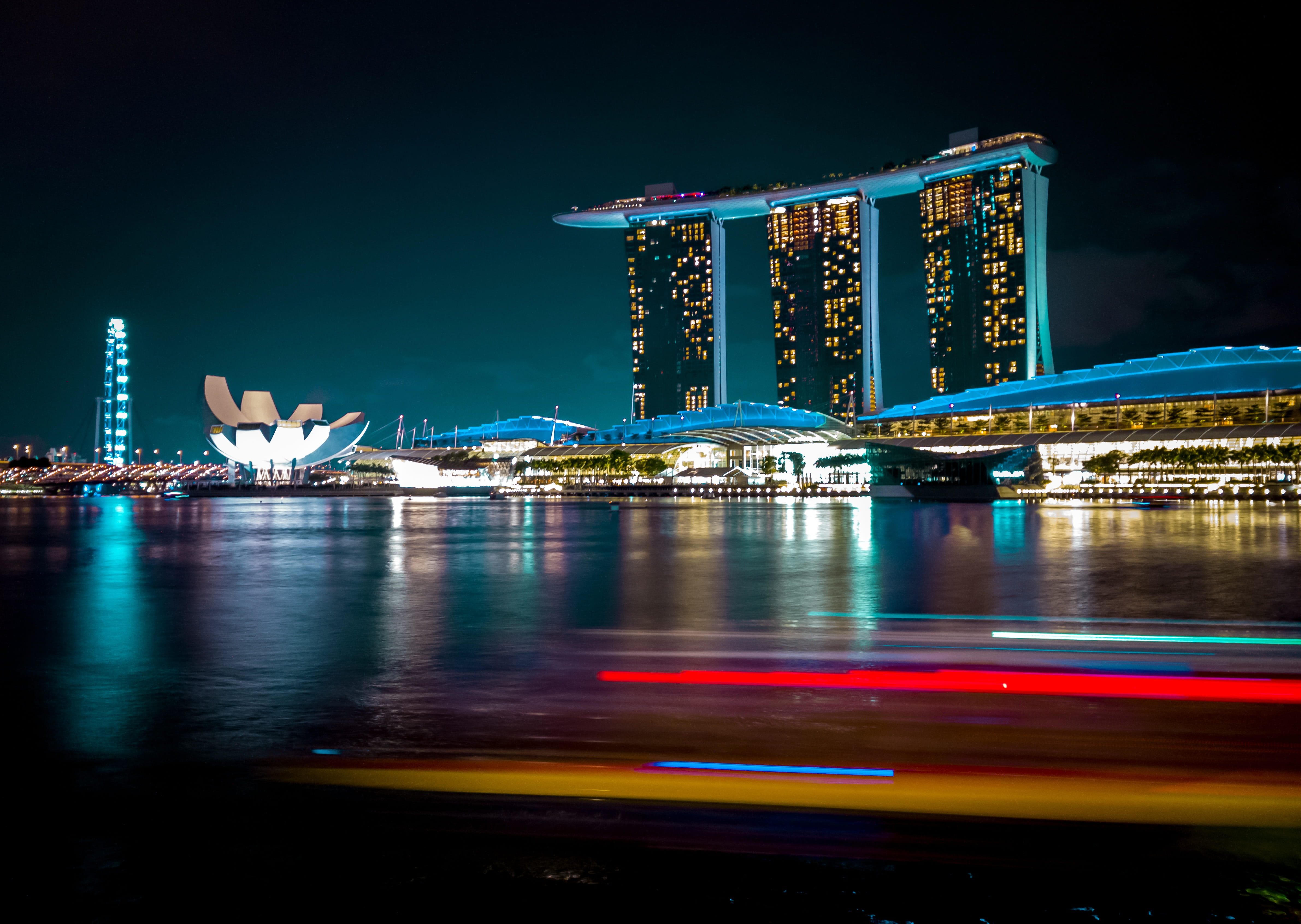 cityscape, skyline, modern, lapsed, boat lights, Singapore, bay, light trail, long exposure, urban Skyline, 4K, building Exterior, office, nightview, travel, HD Wallpaper