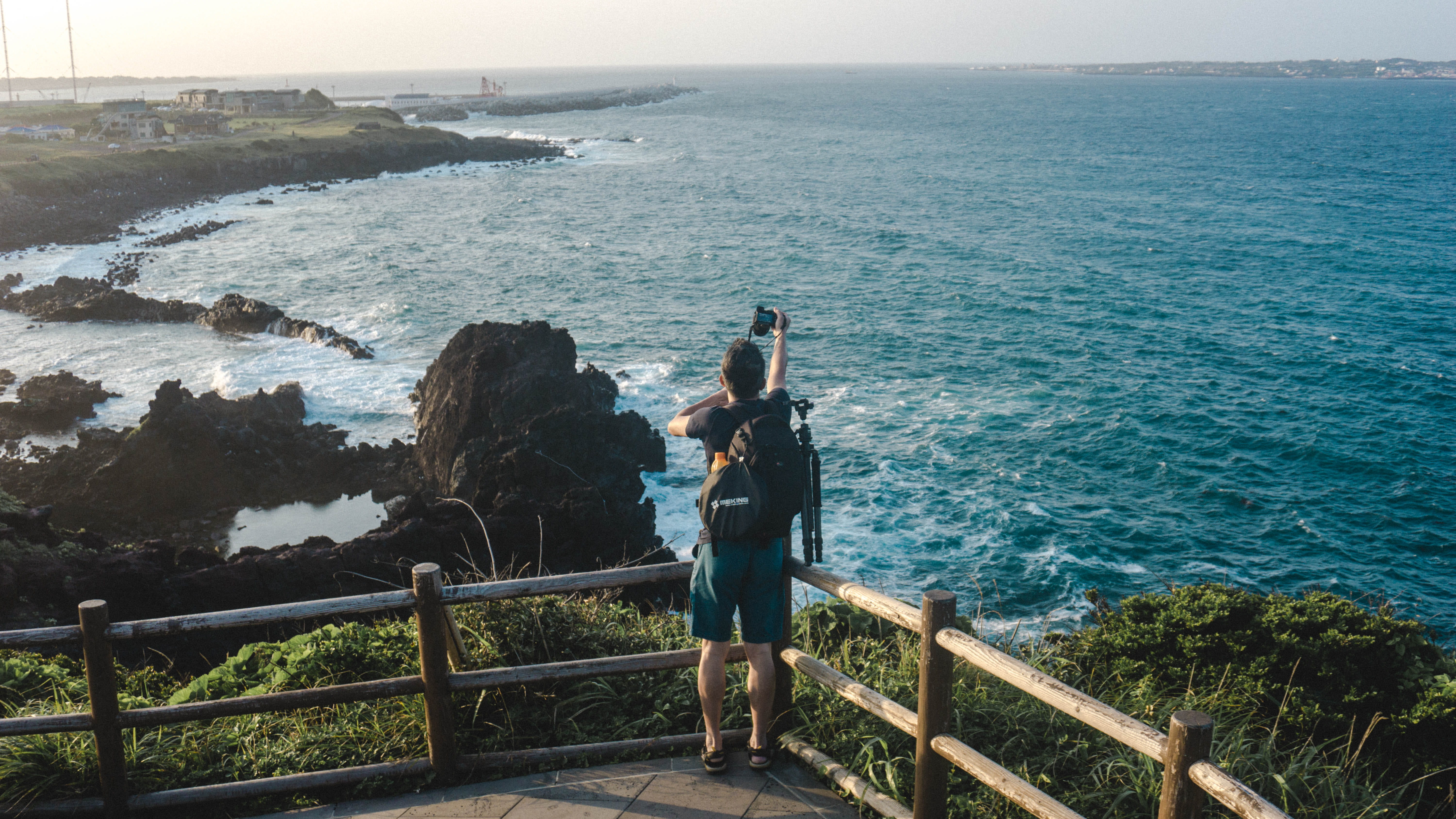 sea, photographer, korea, blue, 5K, scenics - nature, beauty in nature, leisure activity, jeju-do, ocean, looking at view, railing, waves, photographing, HD Wallpaper
