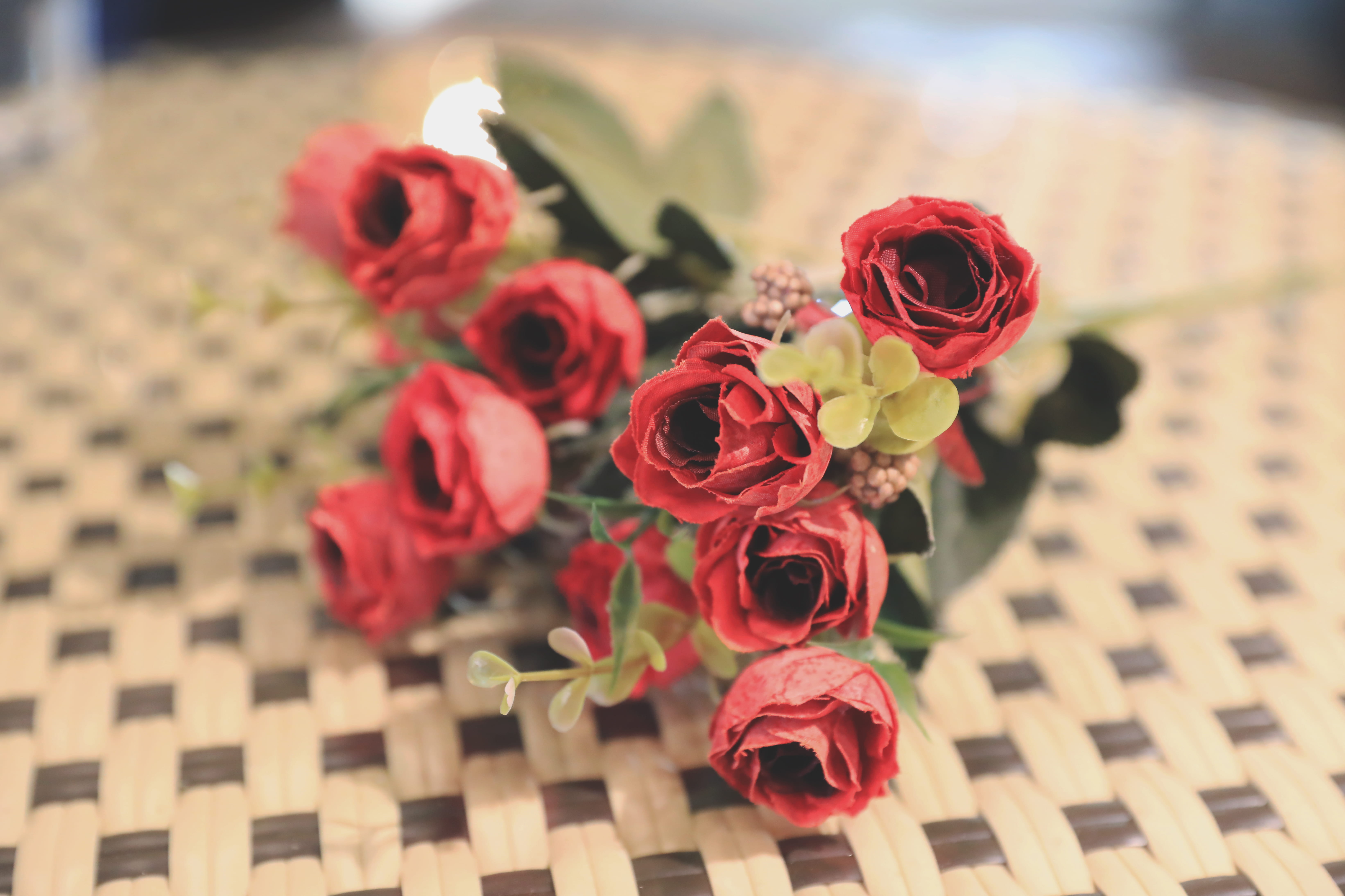 close-up, no people, fragility, beauty in nature, red, flower, 5K, rose, pink, bouquet, fake, table, bunch of flowers, high angle view, nature, flower head, HD Wallpaper